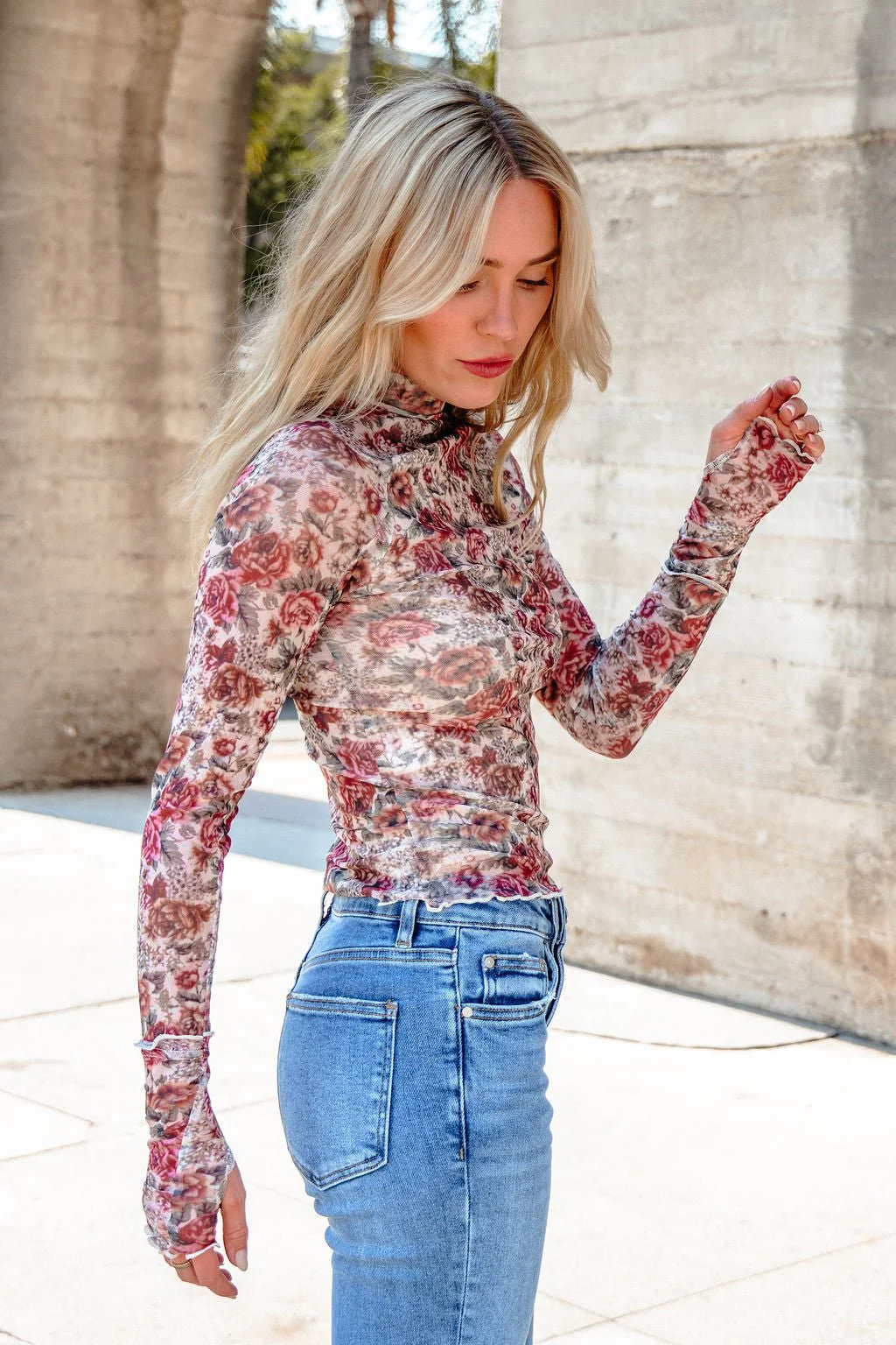 Cream Floral Mesh Mock Neck Top - FINAL SALE - Image 9