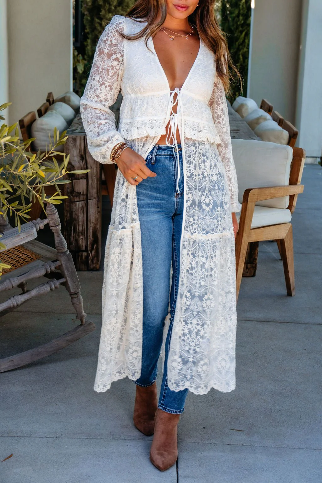 Cream Lace Tie Duster Cardigan - Image 2