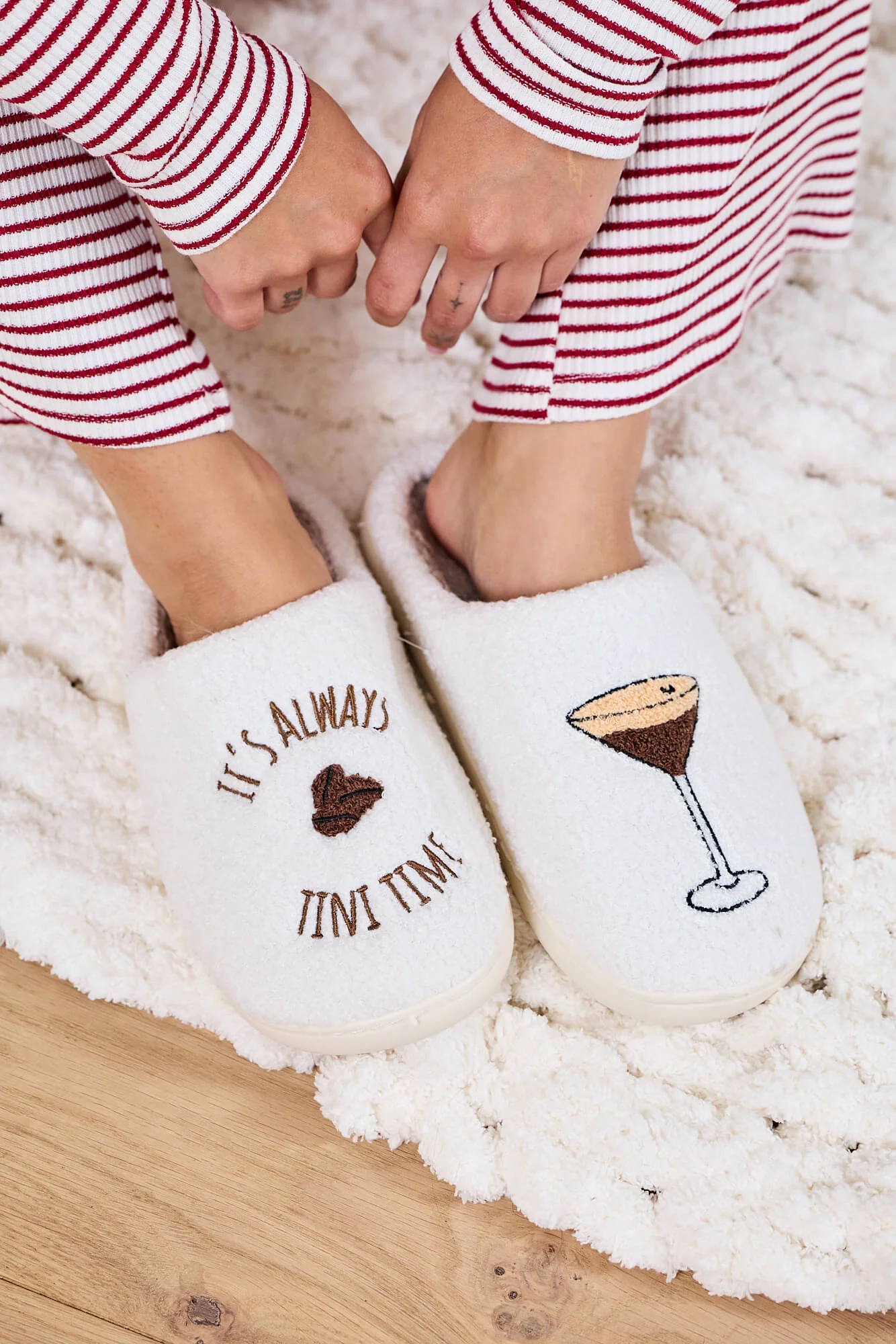 Cream Martini Plush Slippers-FINAL SALE