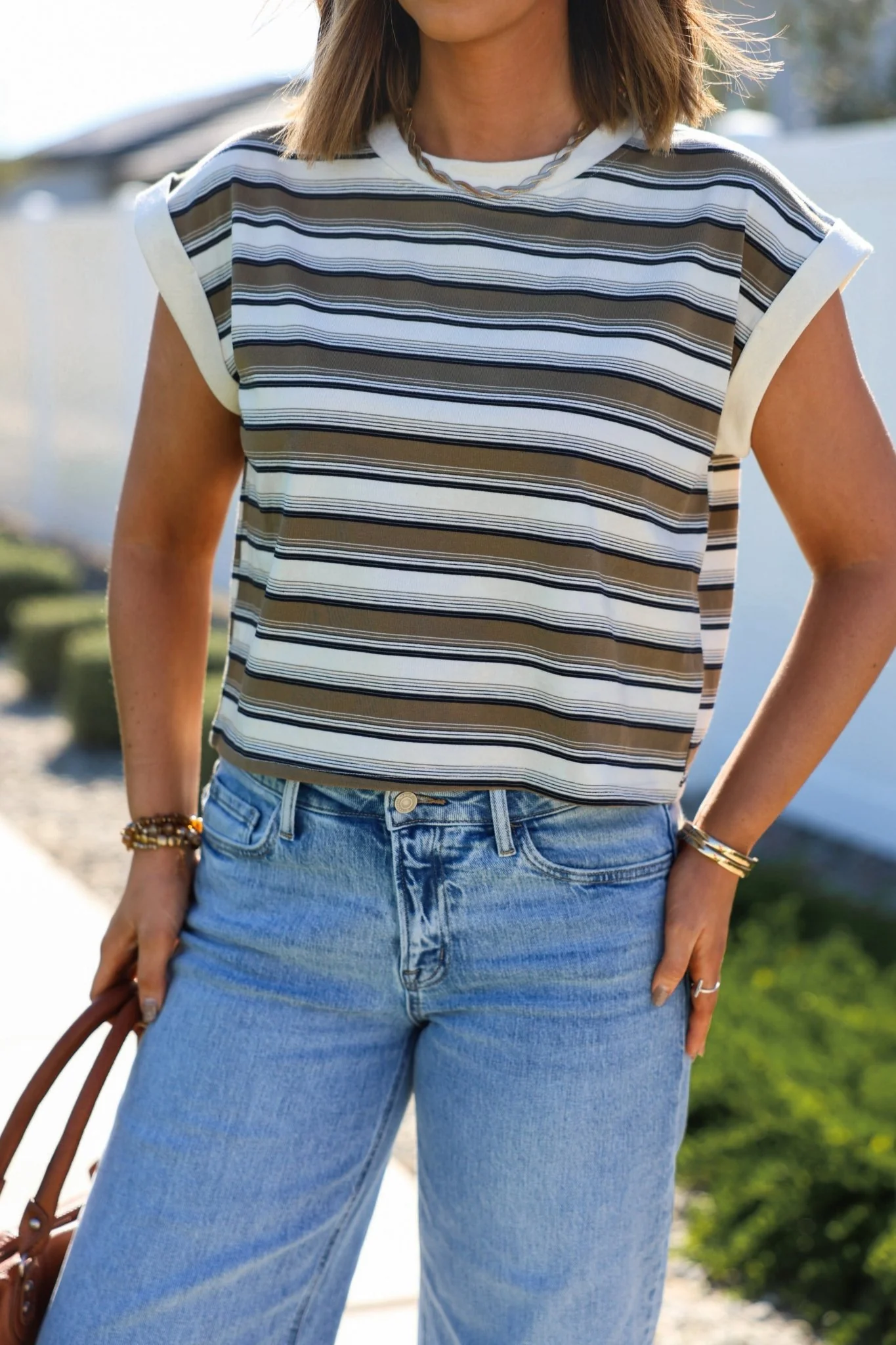 Cream Multi Striped Cap Sleeve Top - Image 3