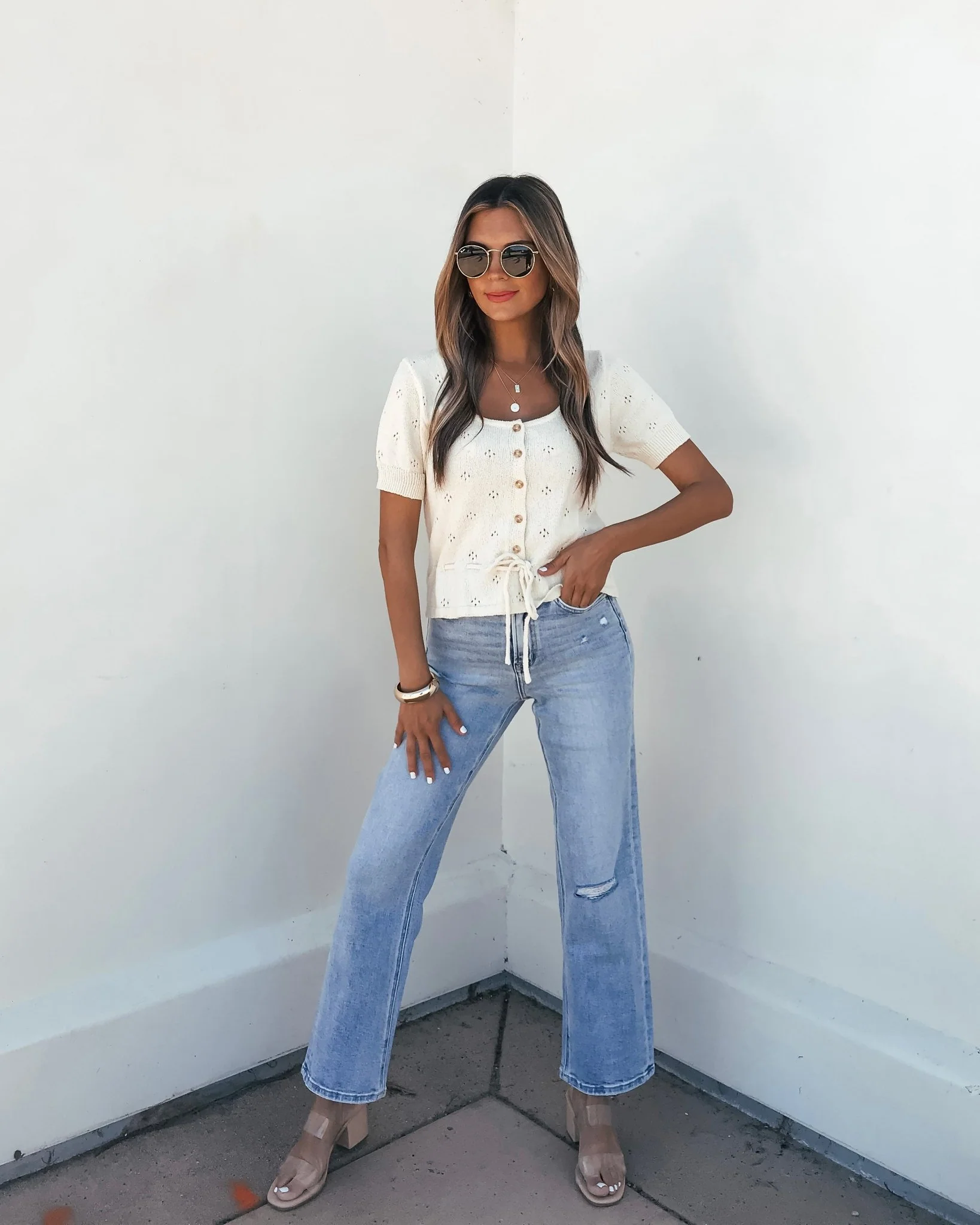 Cream Tie Button Up Sweater - Image 2