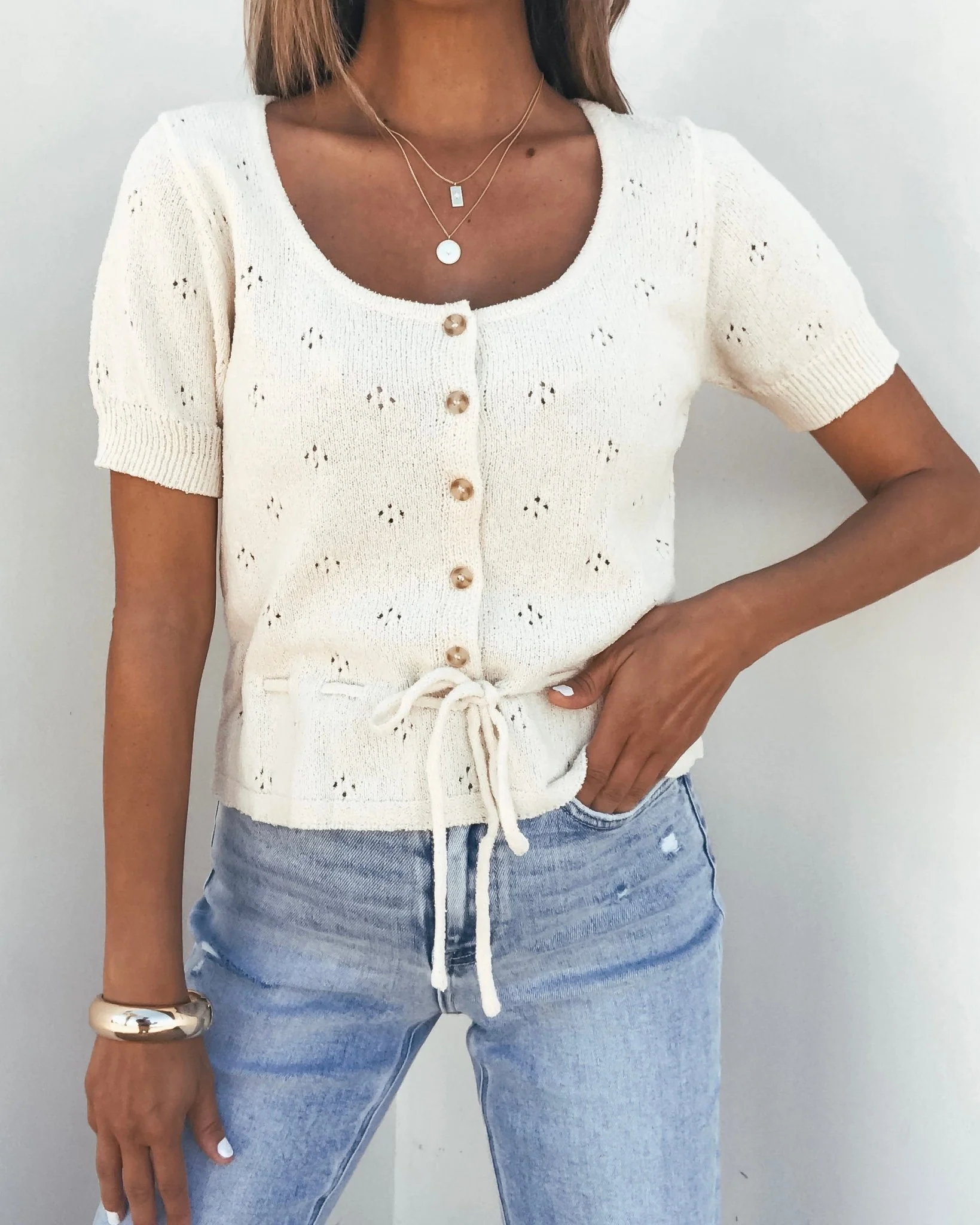 Cream Tie Button Up Sweater - Image 3