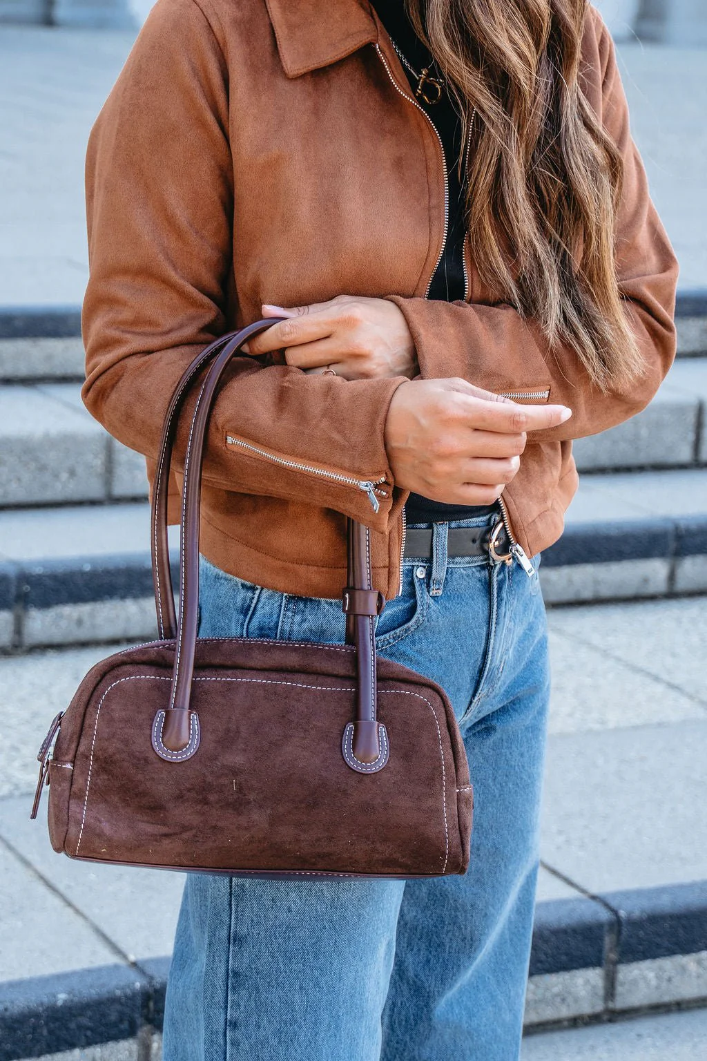 Dark Brown Faux Suede Baguette Bag - FINAL SALE - Image 3