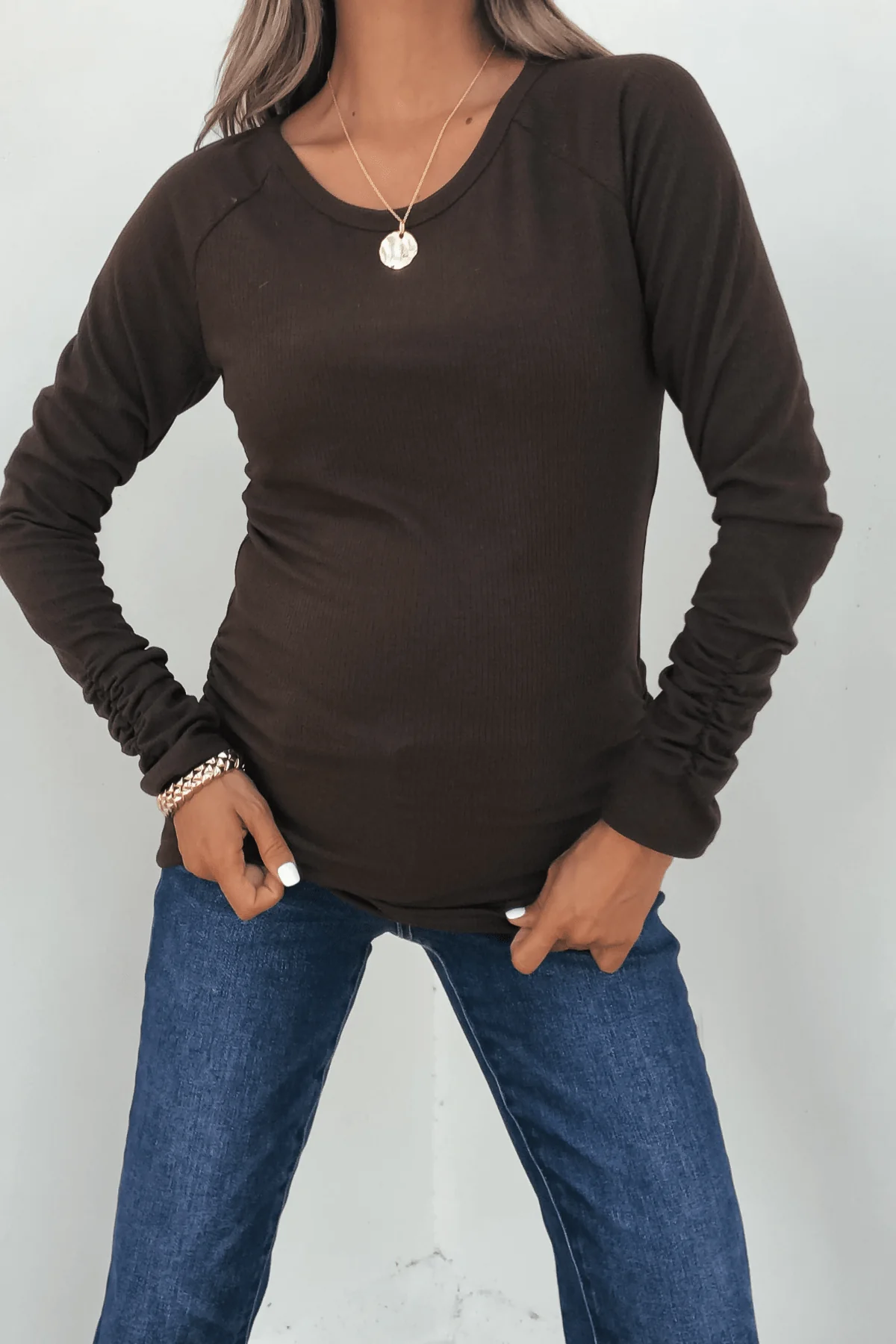Dark Brown Ruched Sleeve Ribbed Top - FINAL SALE - Image 3