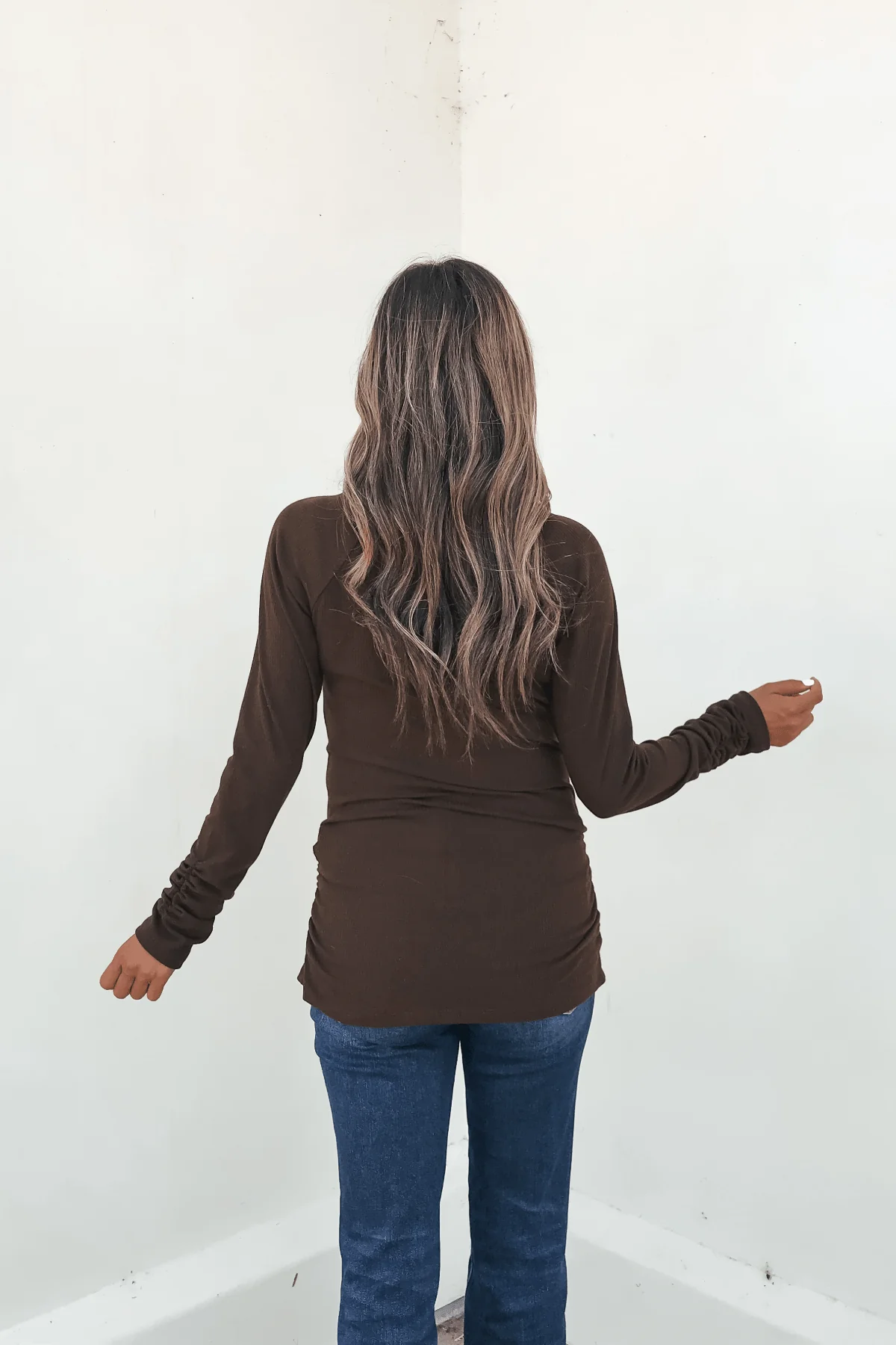 Dark Brown Ruched Sleeve Ribbed Top - FINAL SALE - Image 4