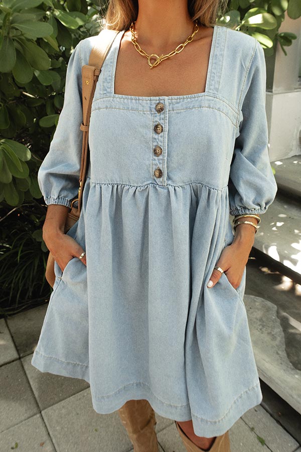 Denim Button Detail Babydoll Mini Dress - Image 4