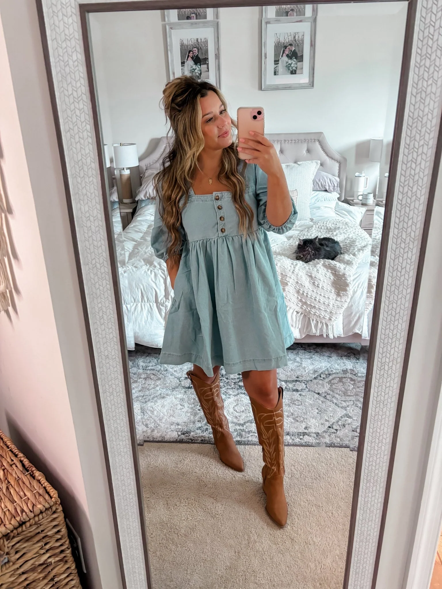 Denim Button Detail Babydoll Mini Dress - Image 9