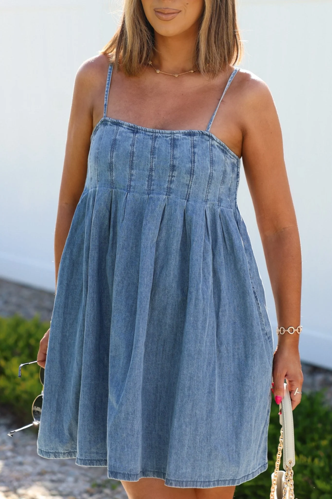 Denim Pleated Babydoll Mini Dress - Image 2