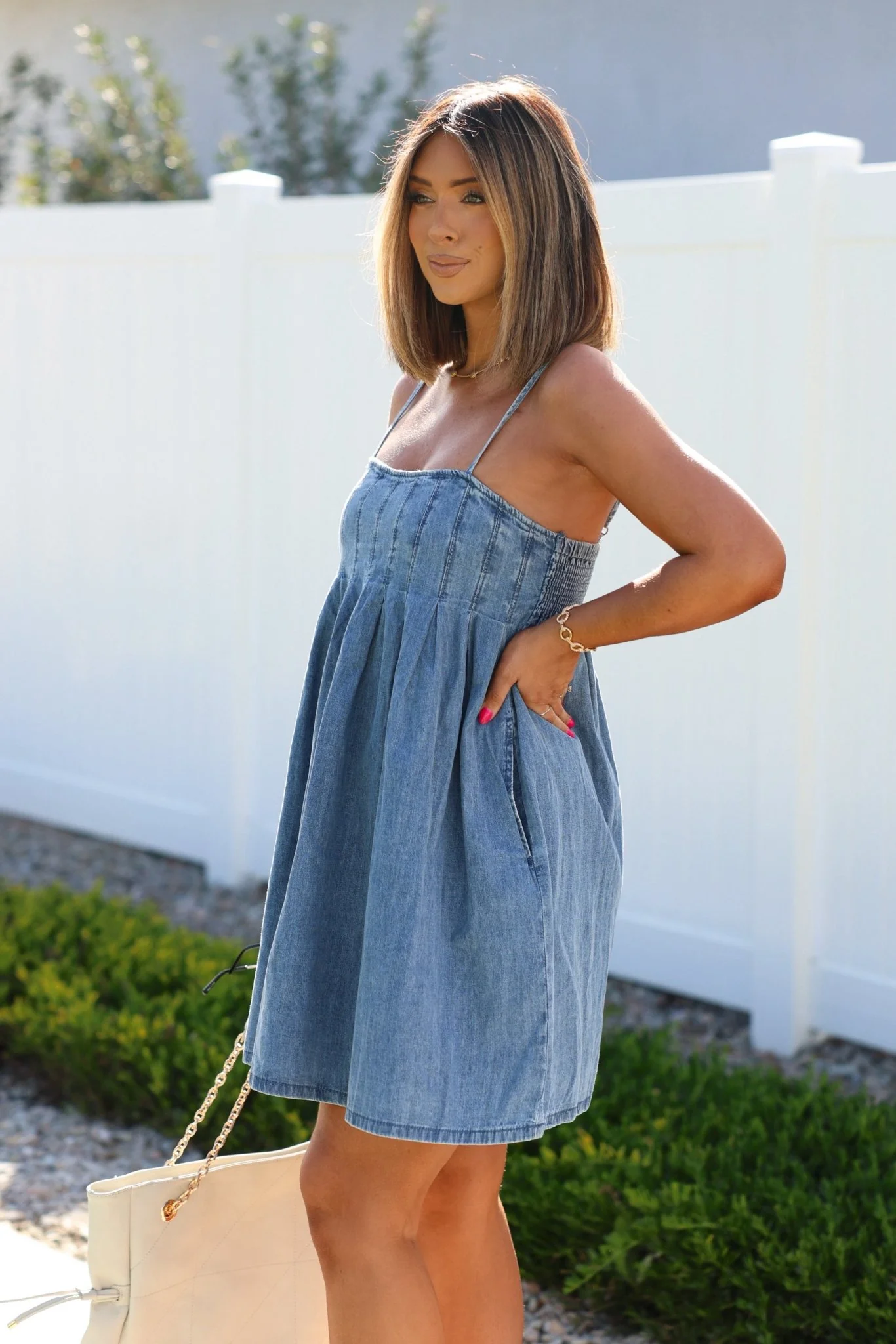 Denim Pleated Babydoll Mini Dress - Image 3