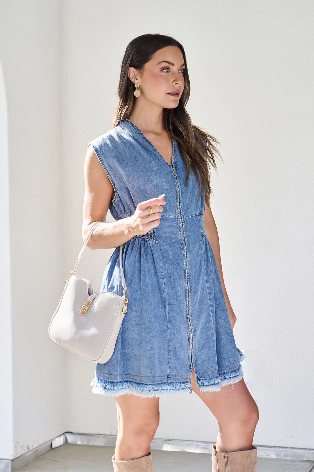 Denim Smocked Zip Up Mini Dress - Image 10