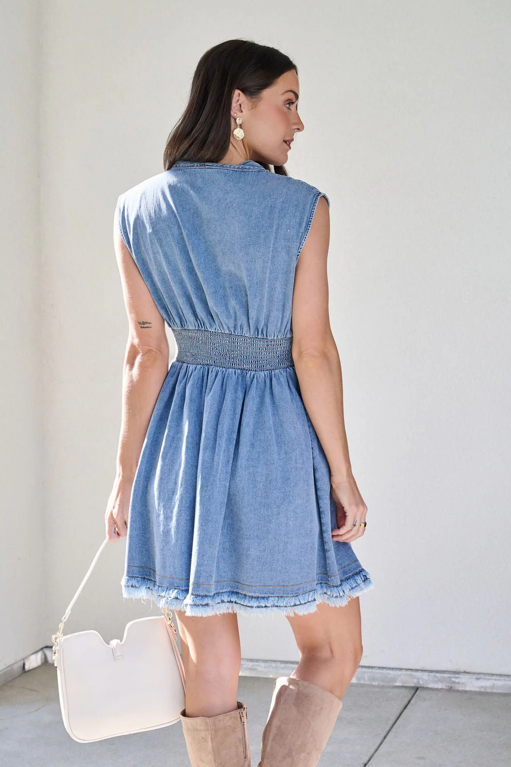 Denim Smocked Zip Up Mini Dress - Image 12