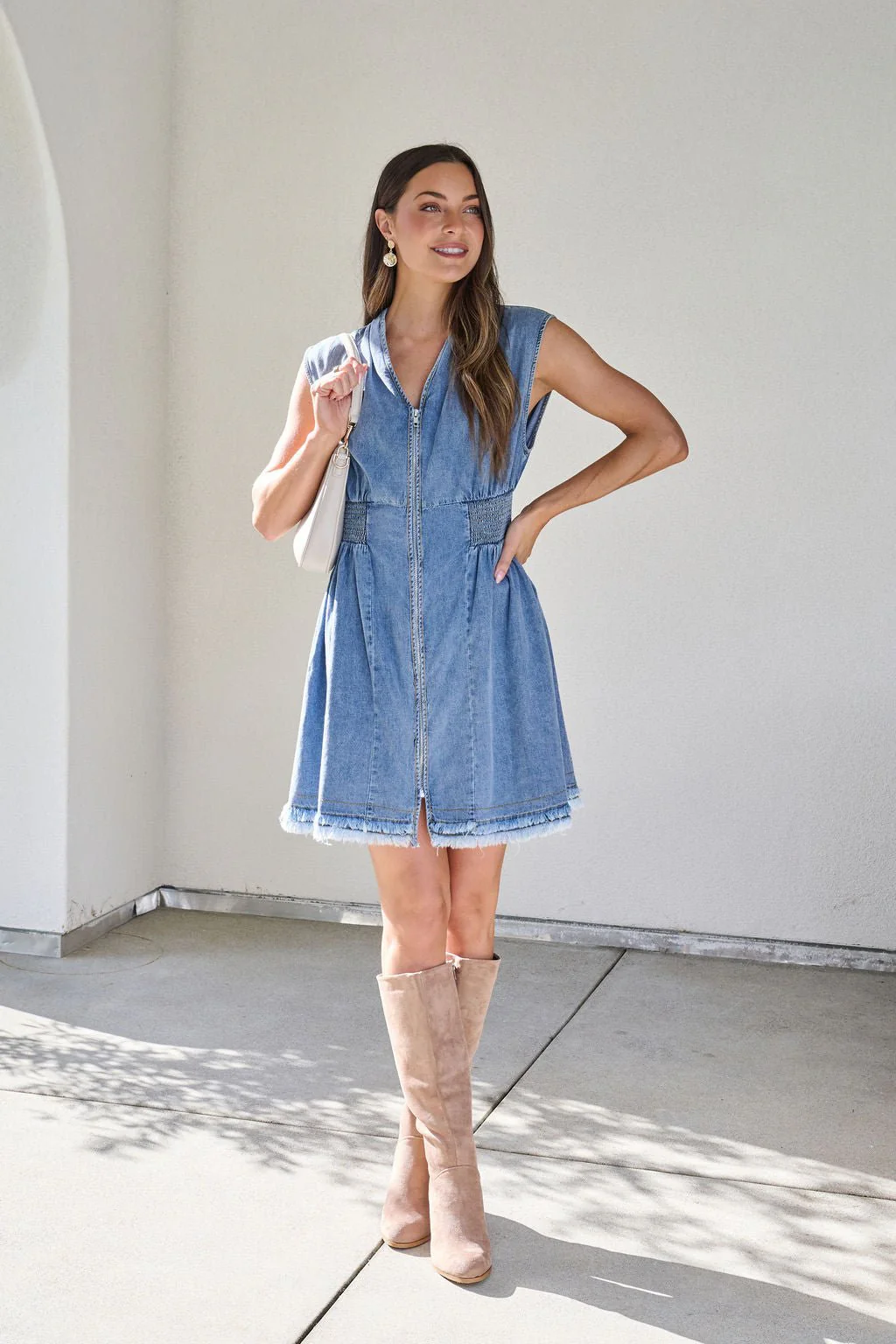 Denim Smocked Zip Up Mini Dress - Image 4