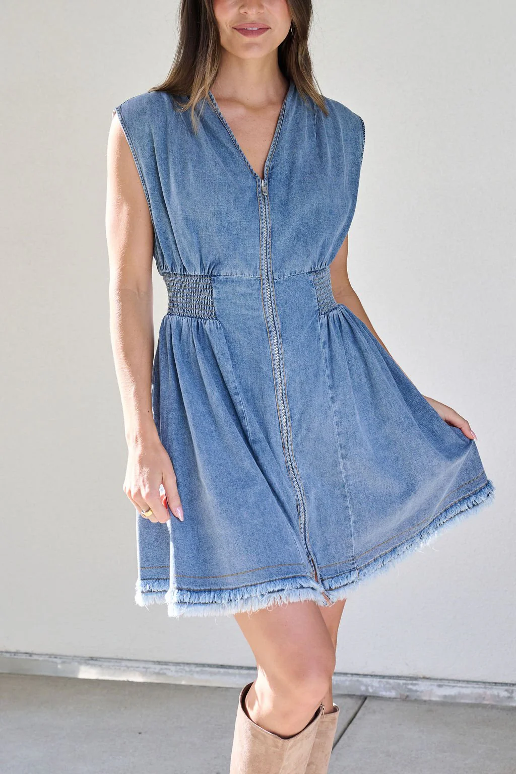 Denim Smocked Zip Up Mini Dress - Image 9