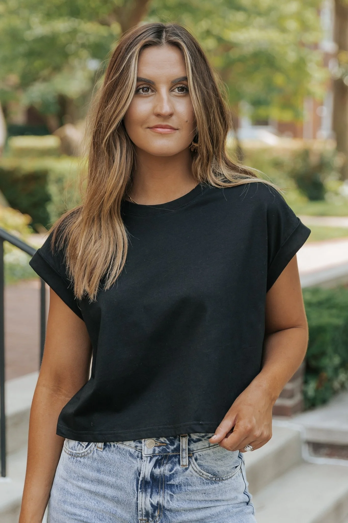 Editor's Choice Black Cotton Cuff Sleeve Top