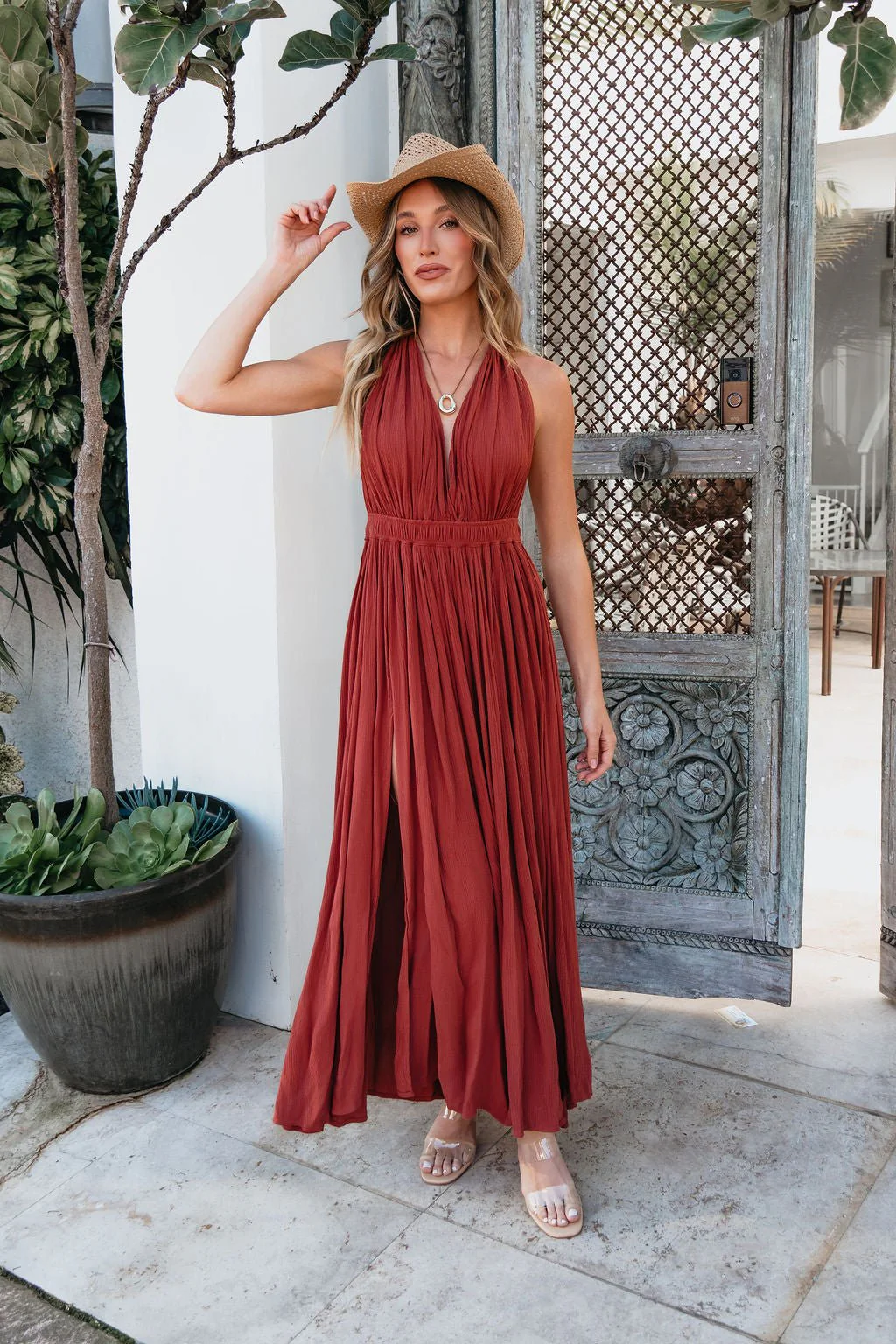 ELAN Rust Slit Halter Maxi Dress - Image 3