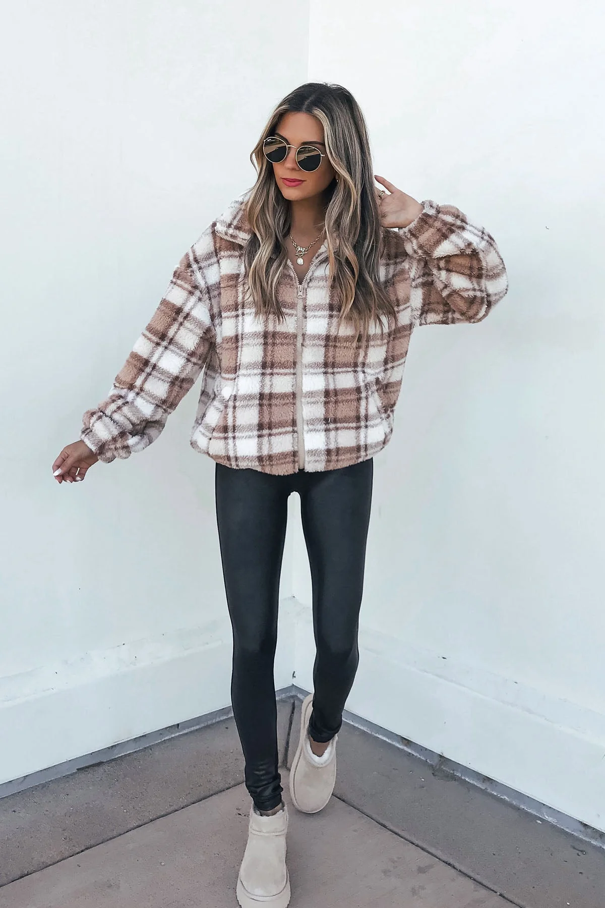 Fuzzy Brown Plaid Zip Up Jacket-FINAL SALE - Image 2