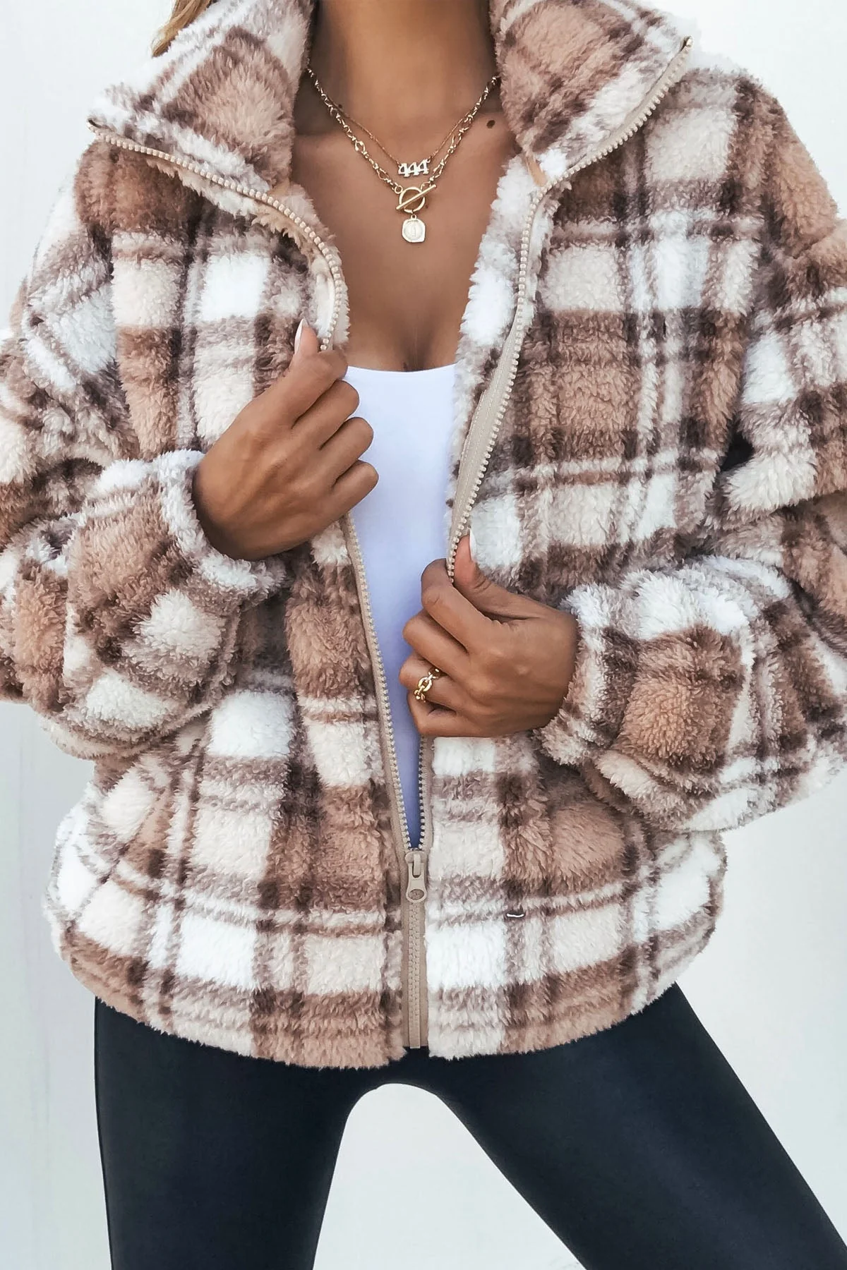 Fuzzy Brown Plaid Zip Up Jacket-FINAL SALE - Image 3