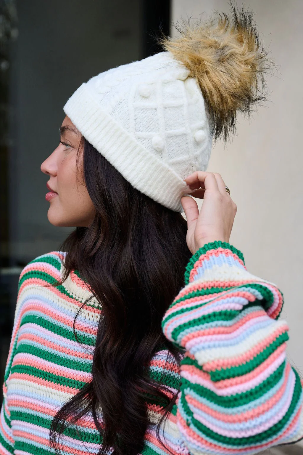 Fuzzy Ivory Cable Knit Pom Beanie - FINAL SALE - Image 4