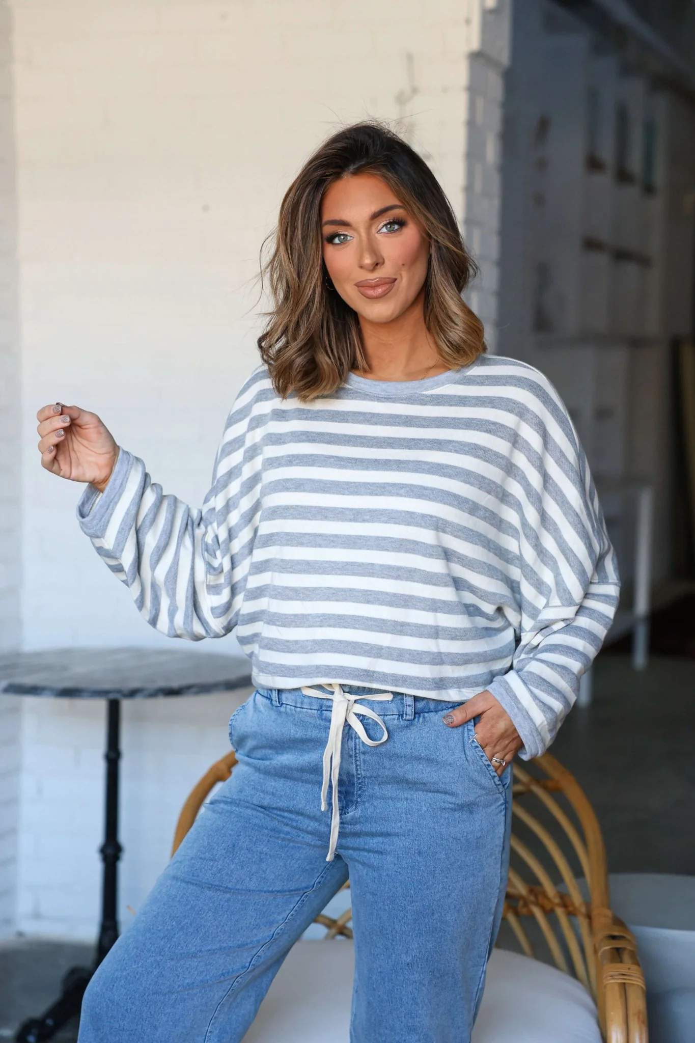 Grey and White Striped Boxy Pullover-FINAL SALE - Image 2