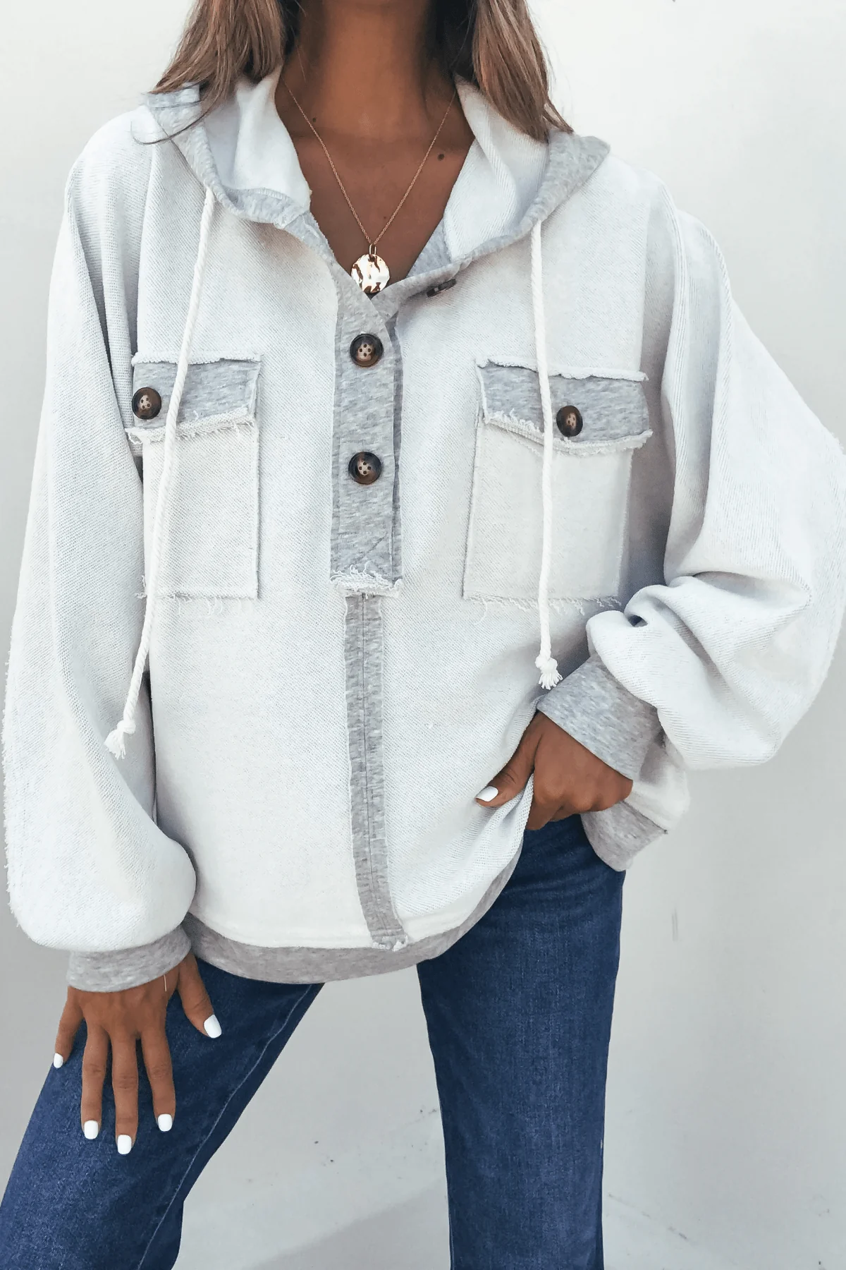 Grey Contrast Half Button Up Hooded Sweatshirt - FINAL SALE - Image 3