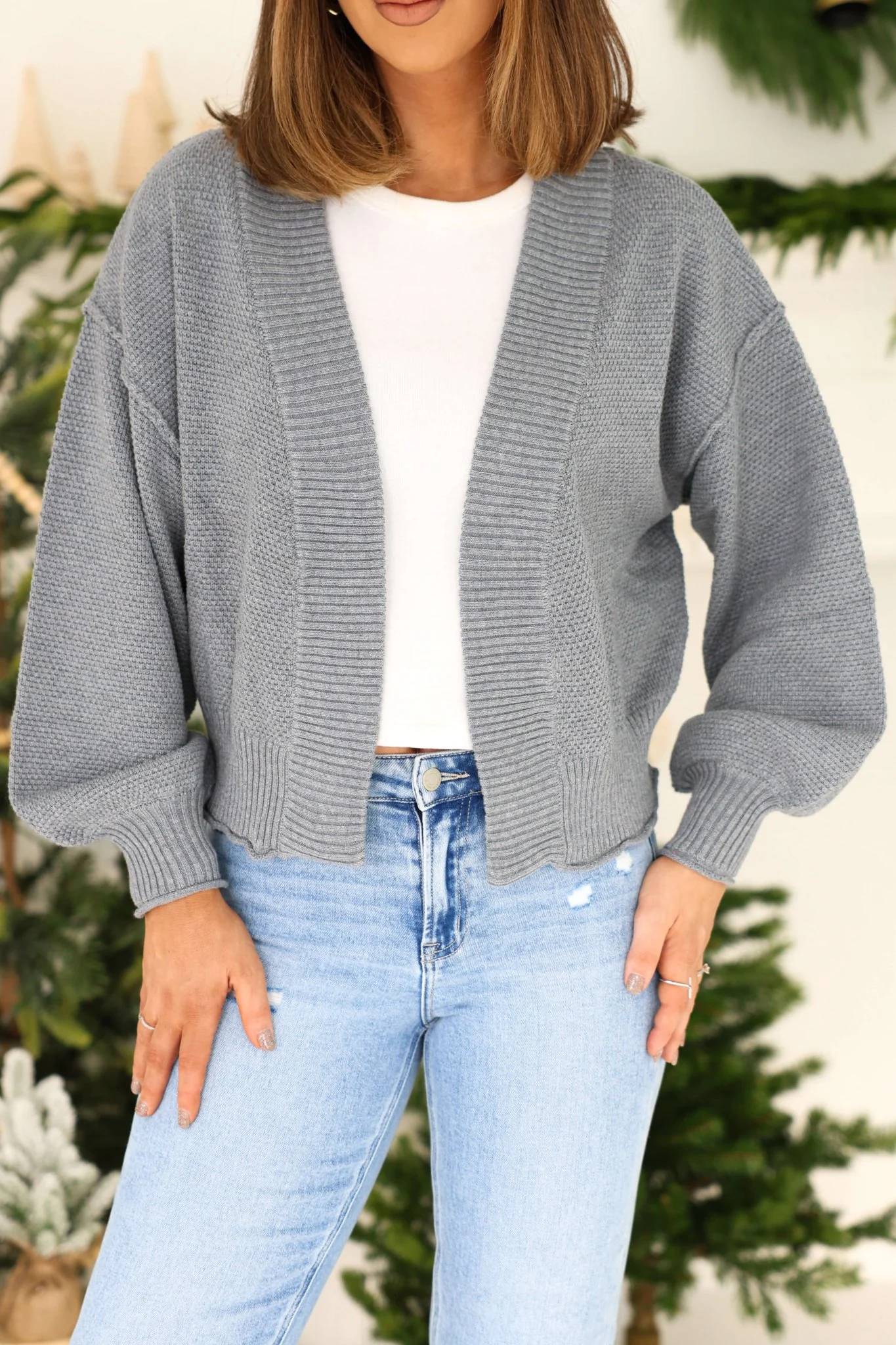 Grey Waffle Knit Open Front Cardigan - FINAL SALE - Image 3