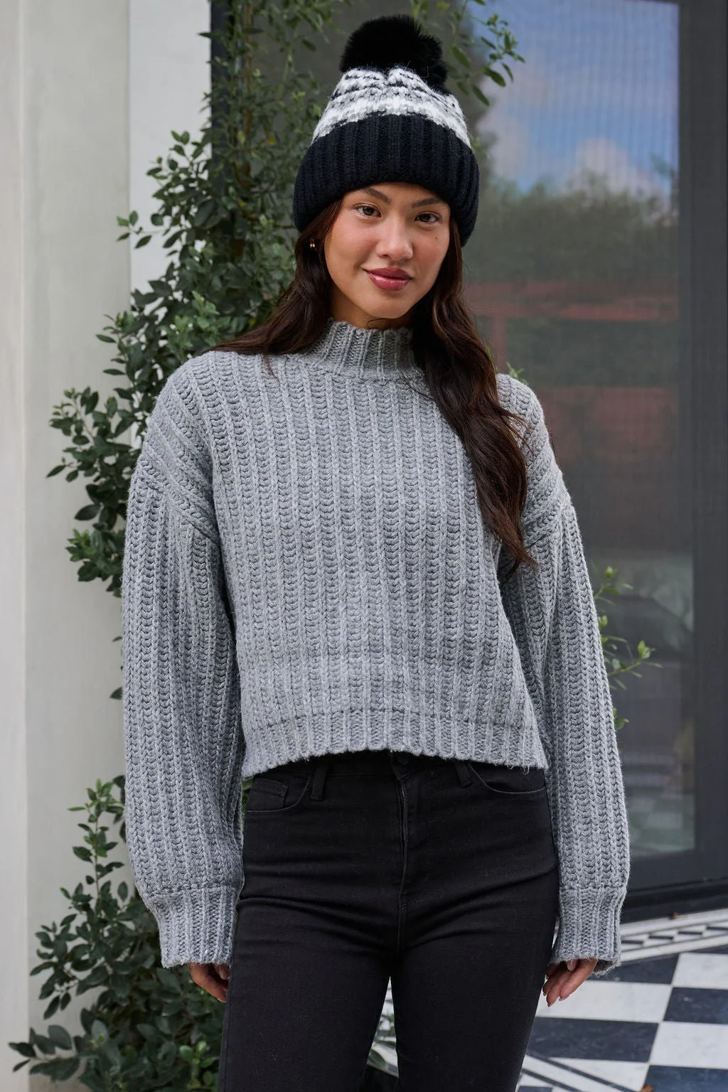 Grey Wide Sleeve Ribbed Mock Neck Sweater - FINAL SALE