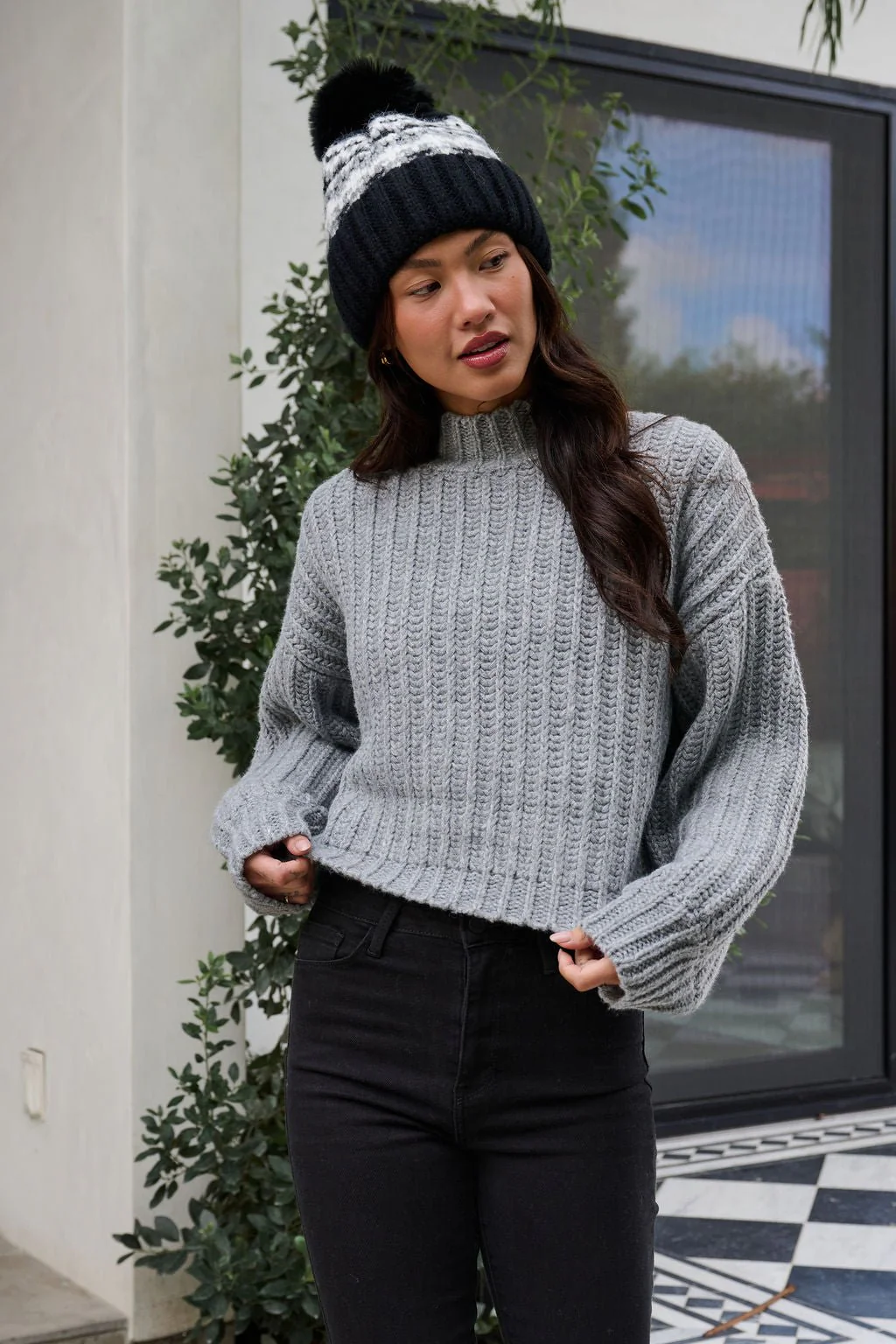 Grey Wide Sleeve Ribbed Mock Neck Sweater - FINAL SALE - Image 3
