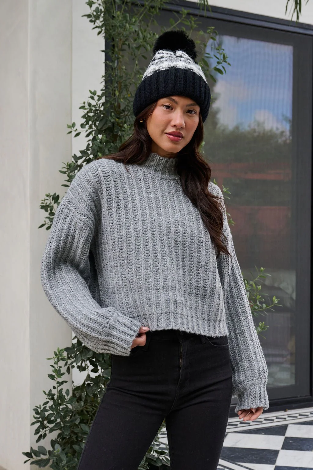 Grey Wide Sleeve Ribbed Mock Neck Sweater - FINAL SALE - Image 5
