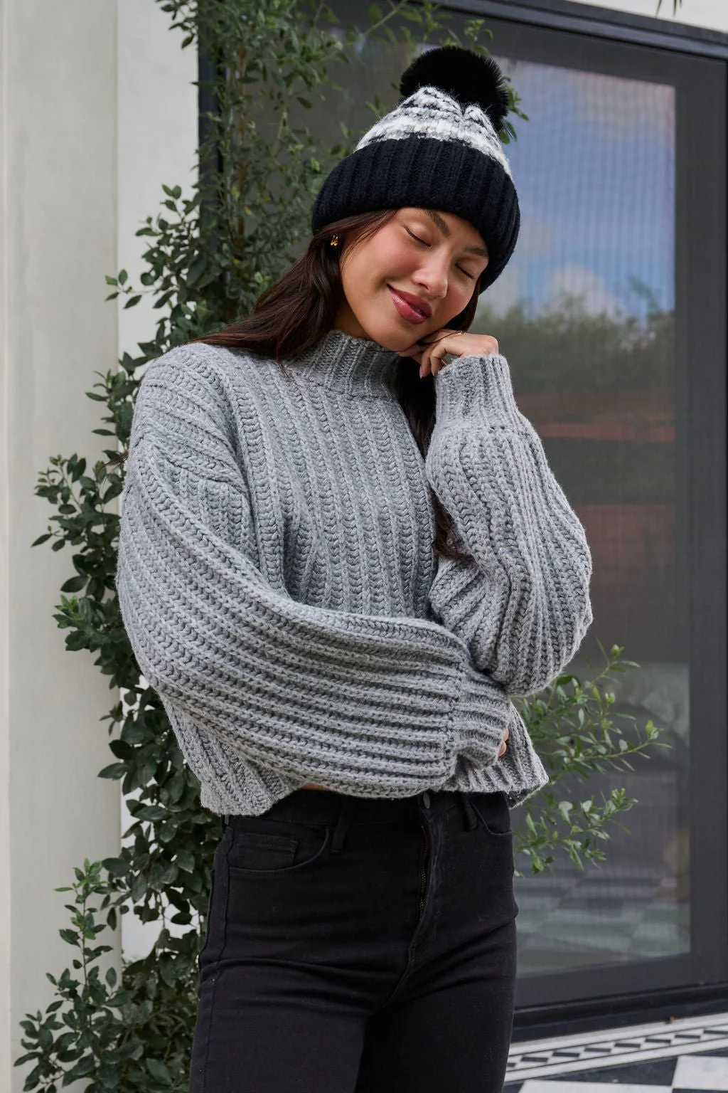 Grey Wide Sleeve Ribbed Mock Neck Sweater - FINAL SALE - Image 9