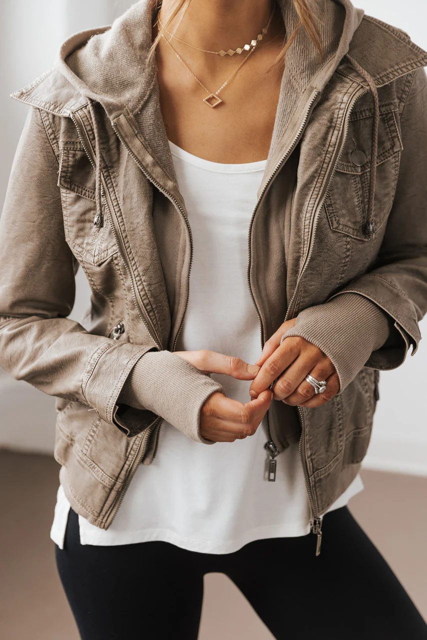 Hooded Sweatshirt Vegan Leather Grey Jacket - Image 10