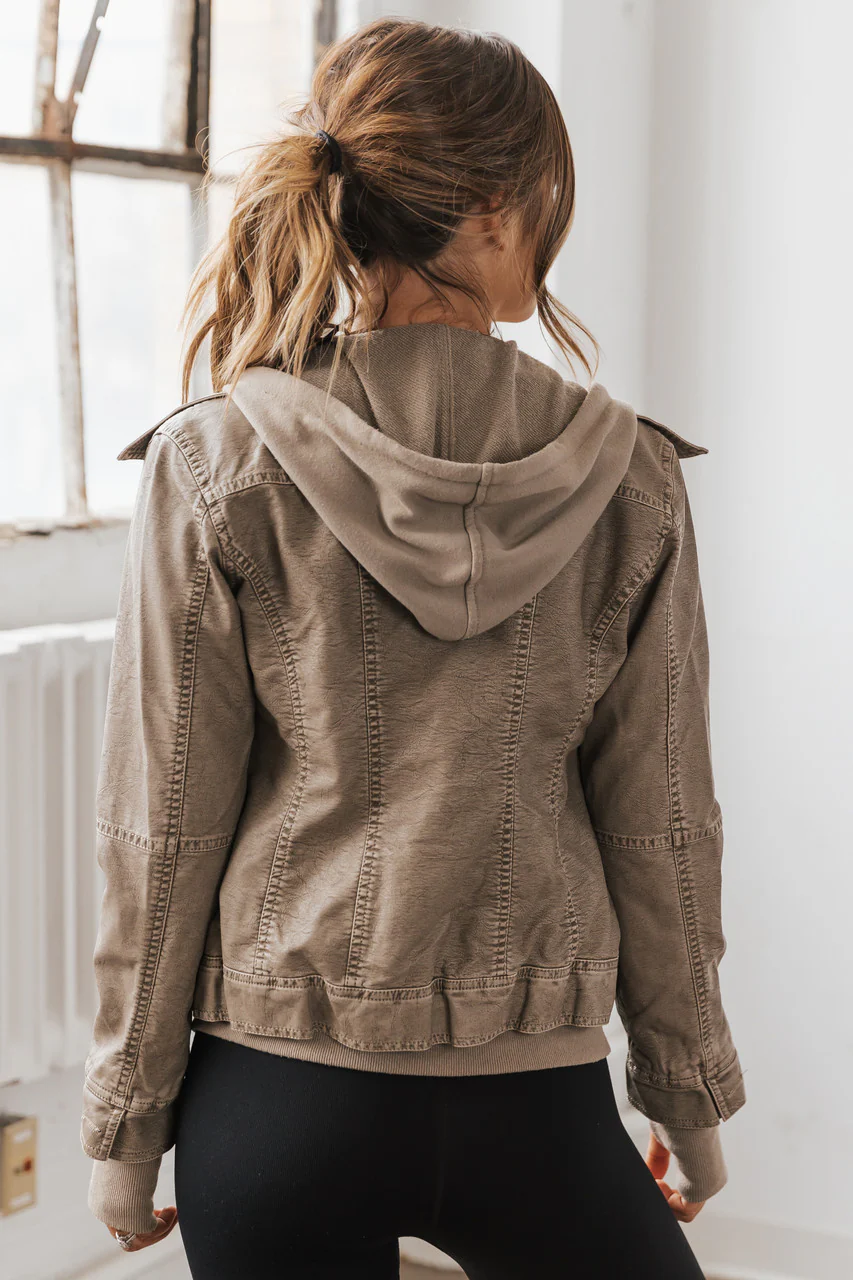 Hooded Sweatshirt Vegan Leather Grey Jacket - Image 11
