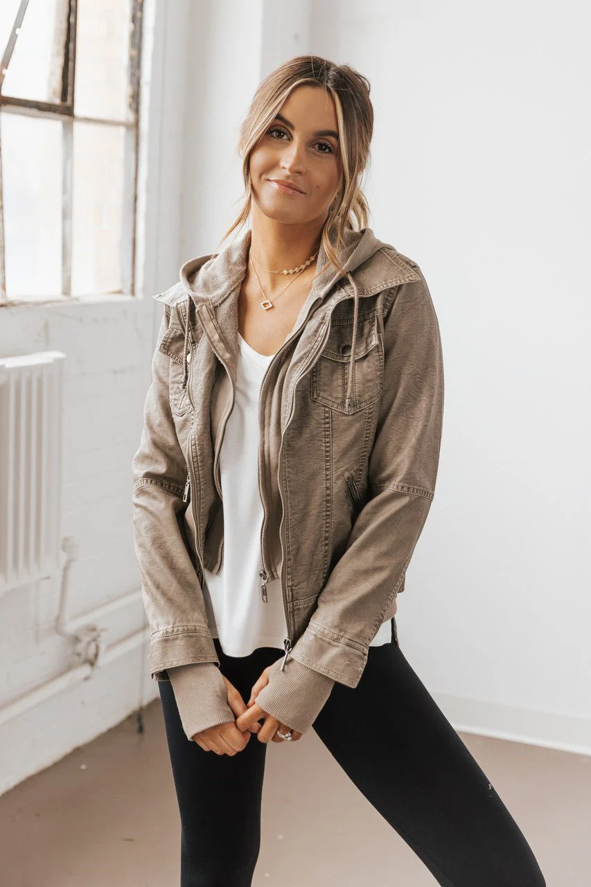 Hooded Sweatshirt Vegan Leather Grey Jacket - Image 4