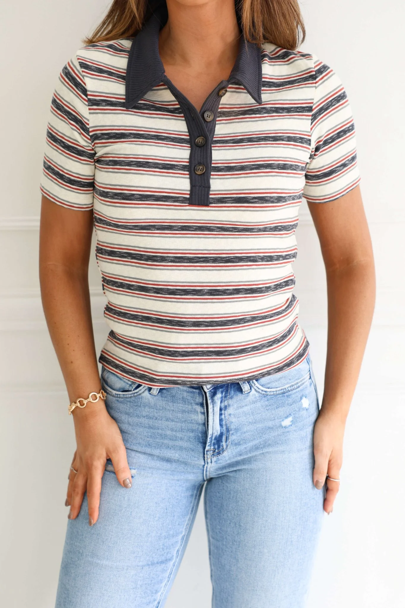 Ivory Contrast Striped Rib Polo Top-FINAL SALE - Image 2