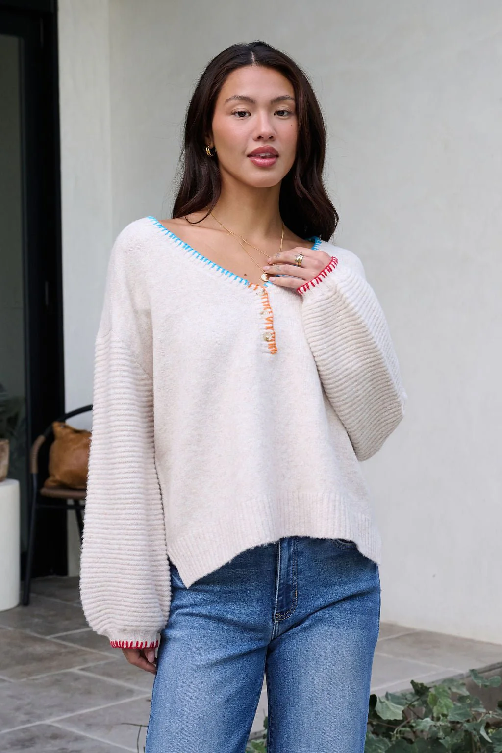 Ivory Stitch Trim Button Up Sweater - FINAL SALE - Image 3