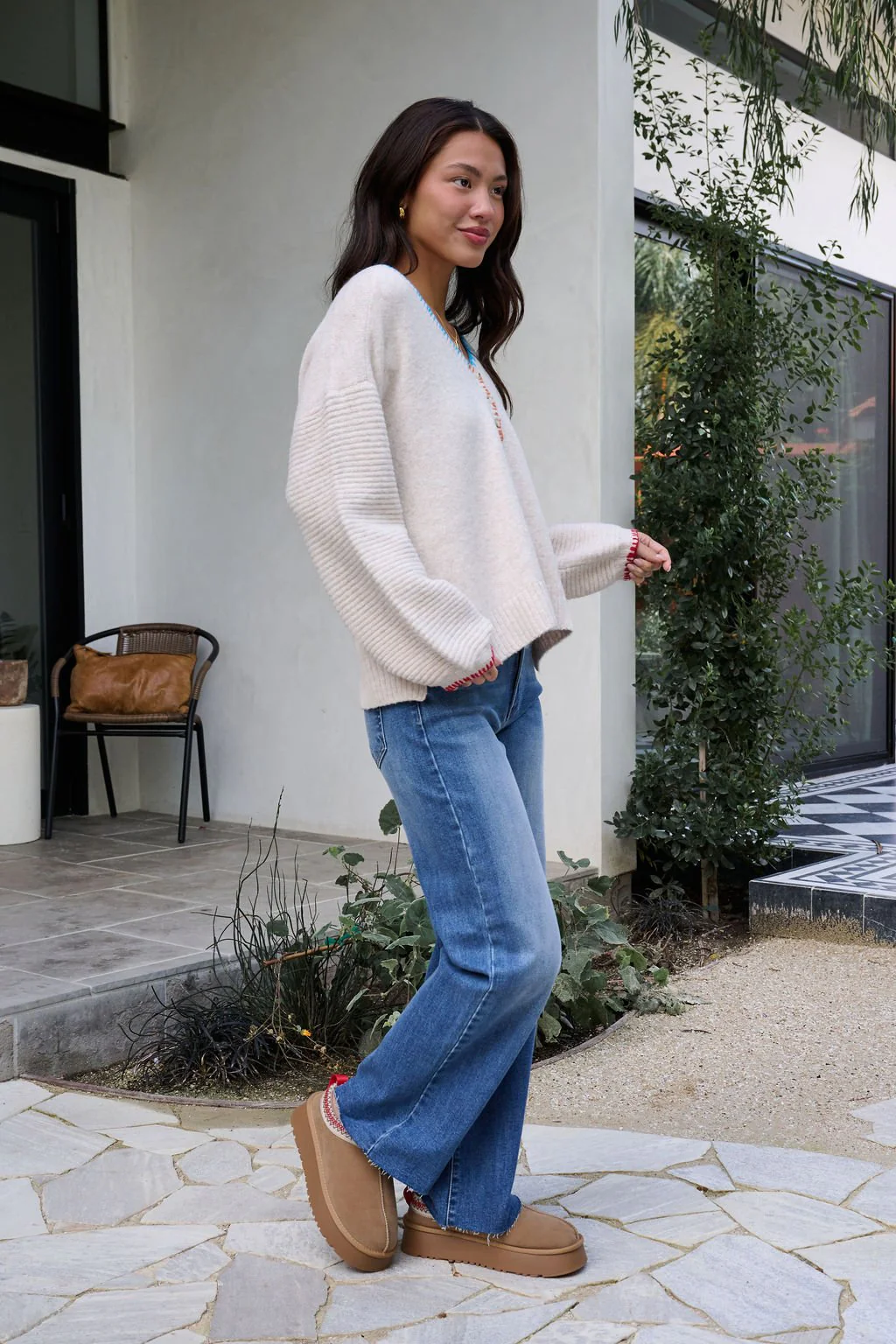 Ivory Stitch Trim Button Up Sweater - FINAL SALE - Image 4