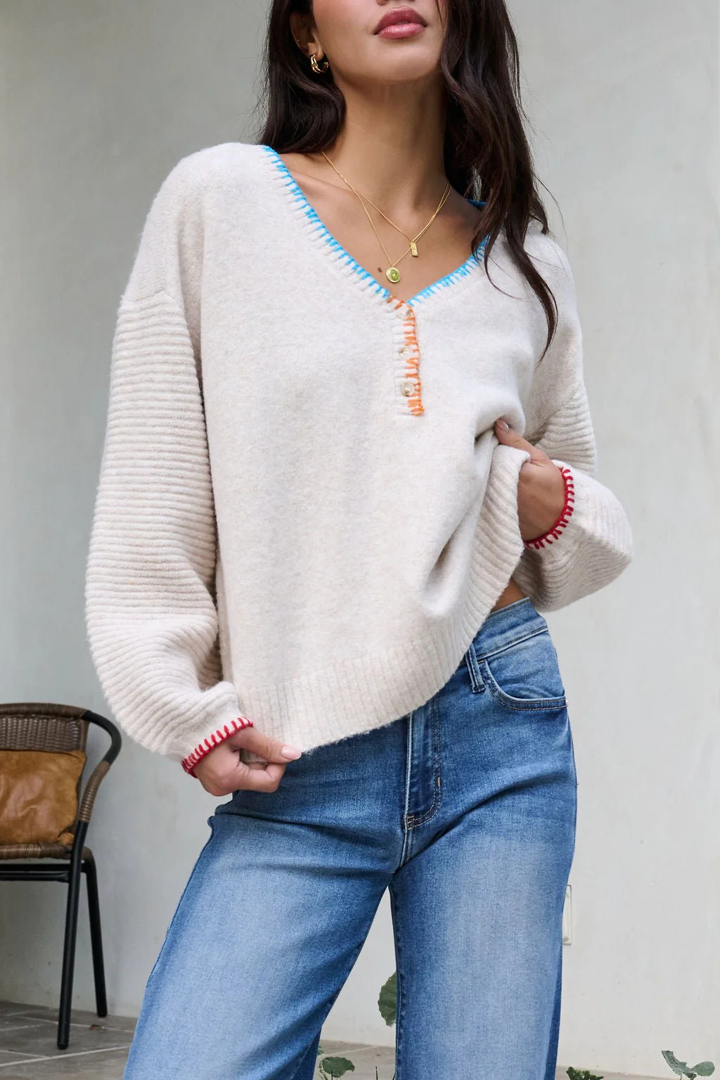 Ivory Stitch Trim Button Up Sweater - FINAL SALE - Image 7