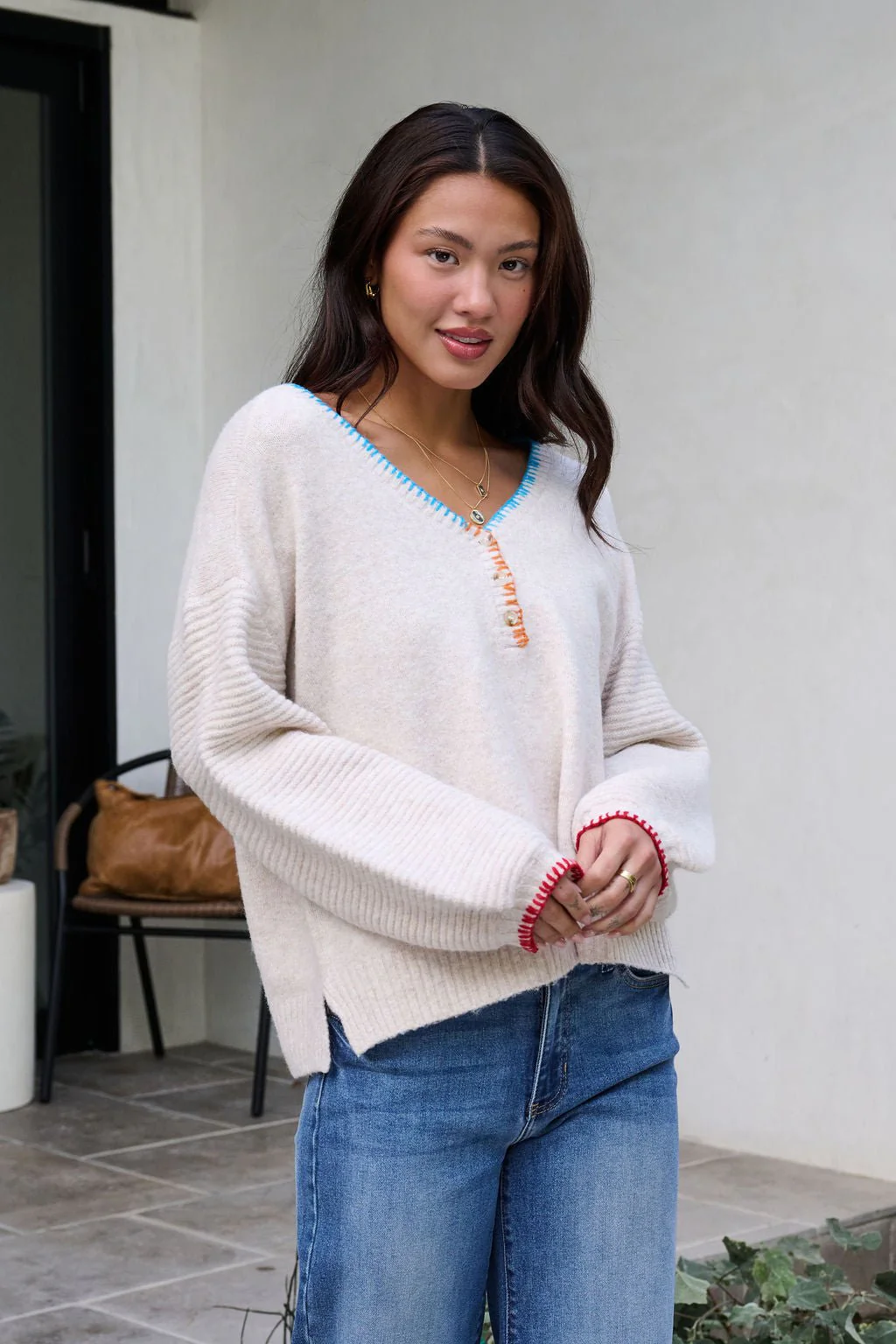 Ivory Stitch Trim Button Up Sweater - FINAL SALE - Image 8