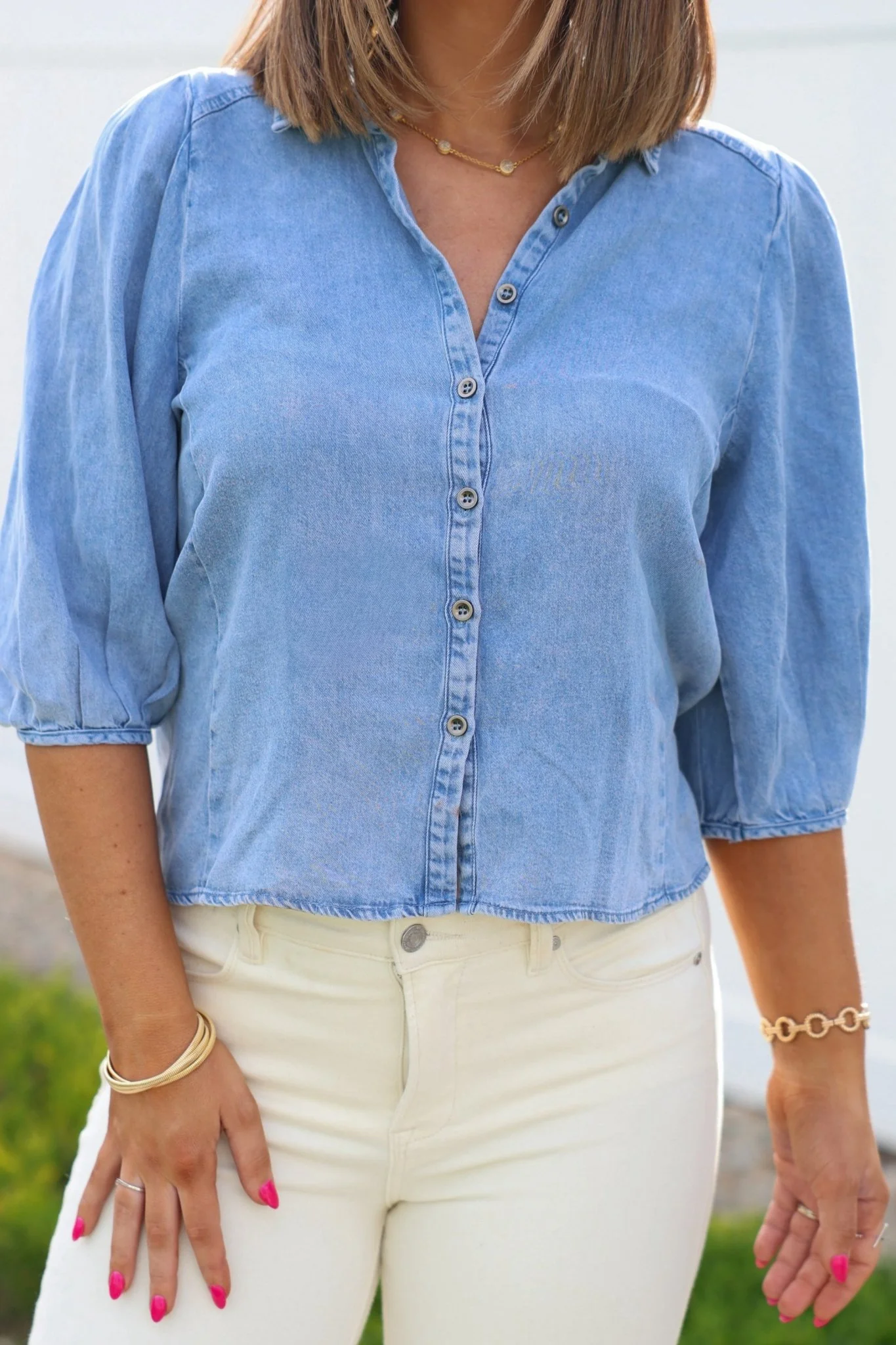 Light Denim Pleated Button Down Shirt - Image 2