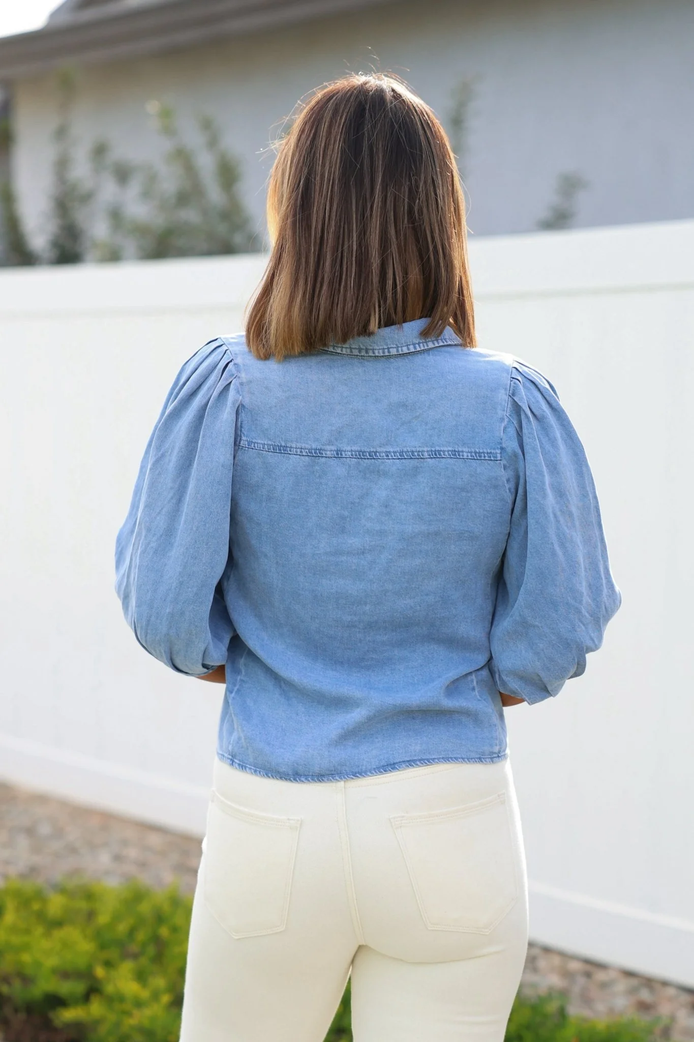 Light Denim Pleated Button Down Shirt - Image 4