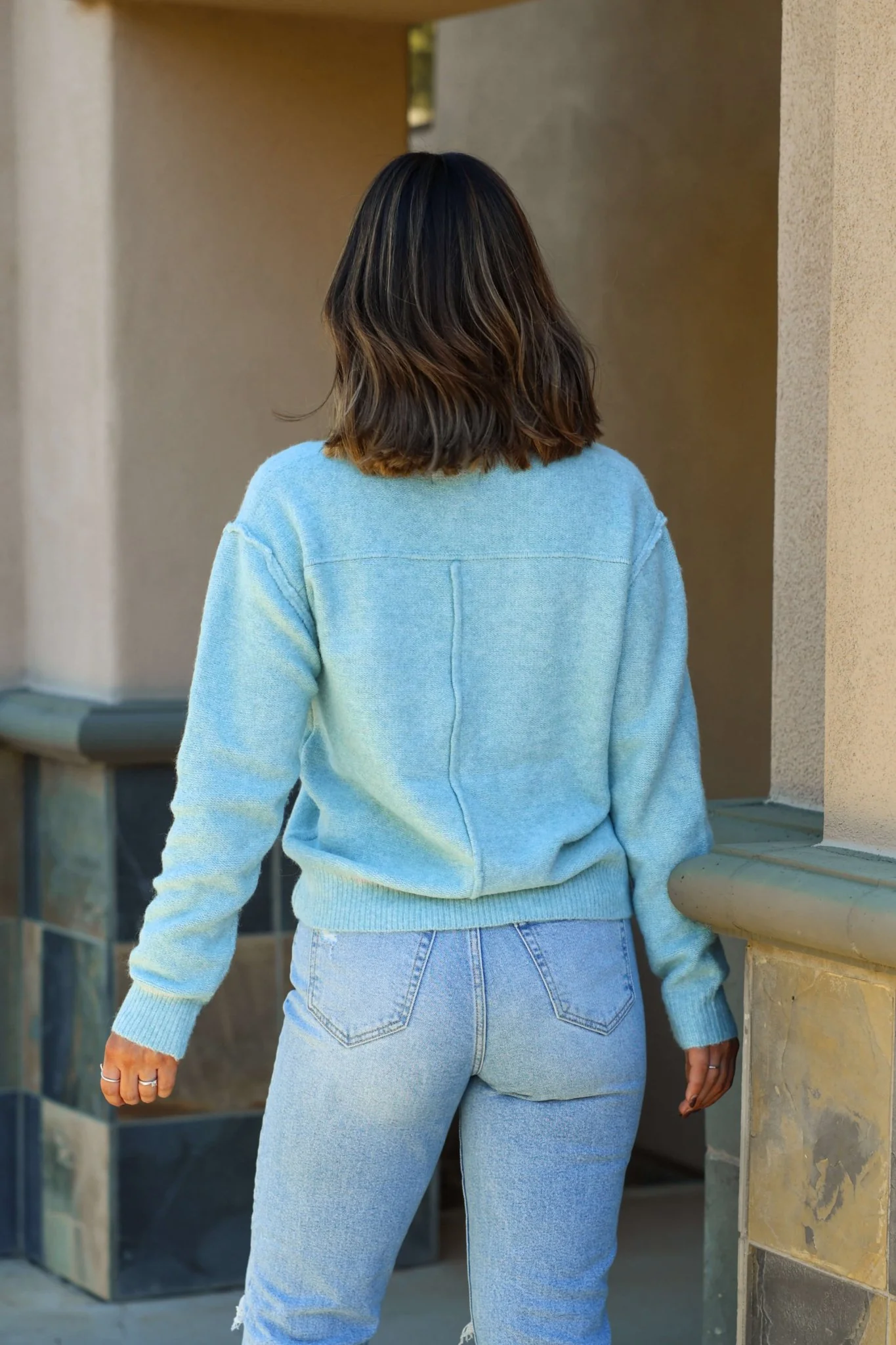 Light Teal Cozy V Neck Sweater - FINAL SALE - Image 5