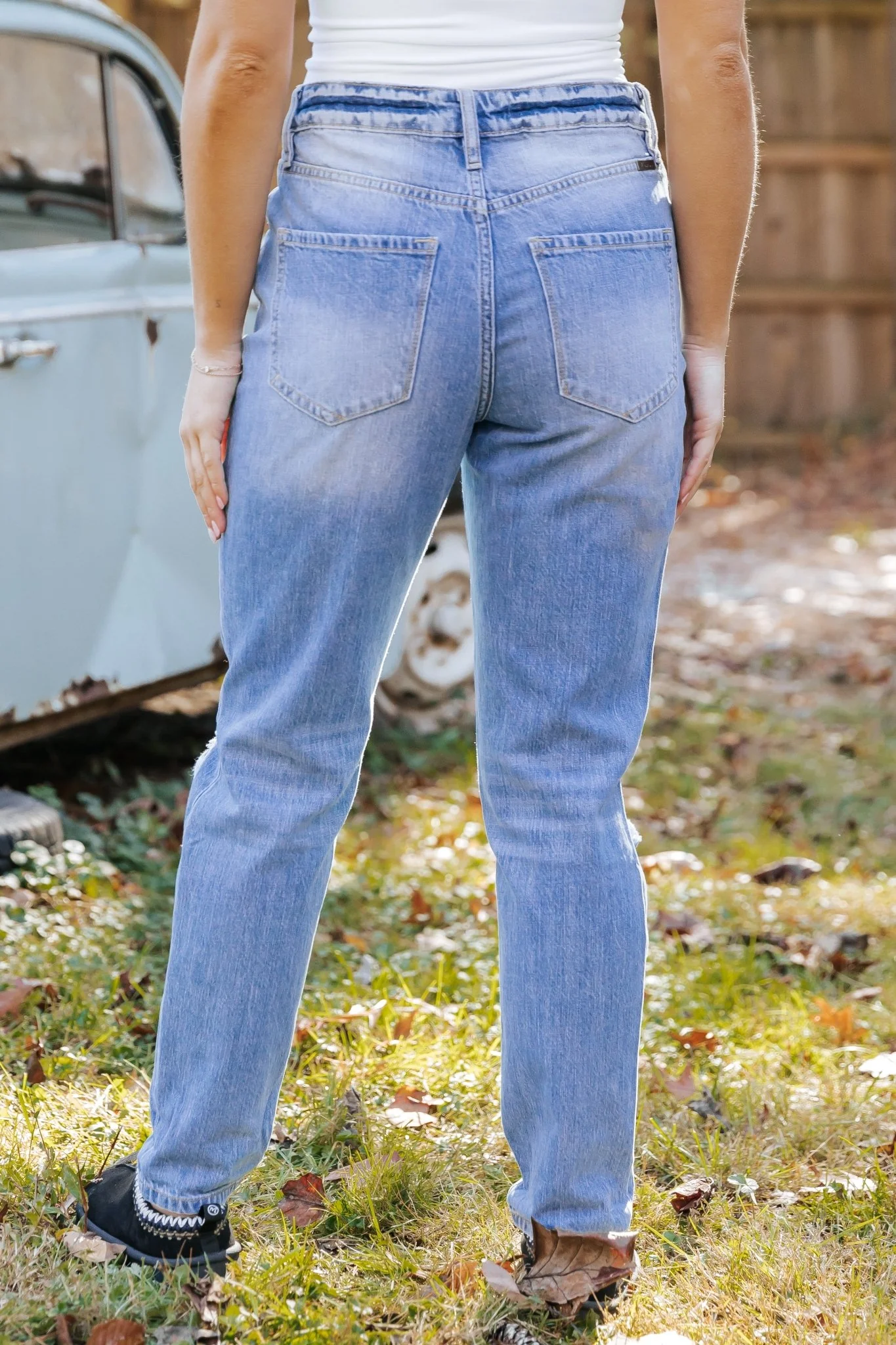 Light Wash High Rise Distressed Mom Jeans -  FINAL SALE - Image 3
