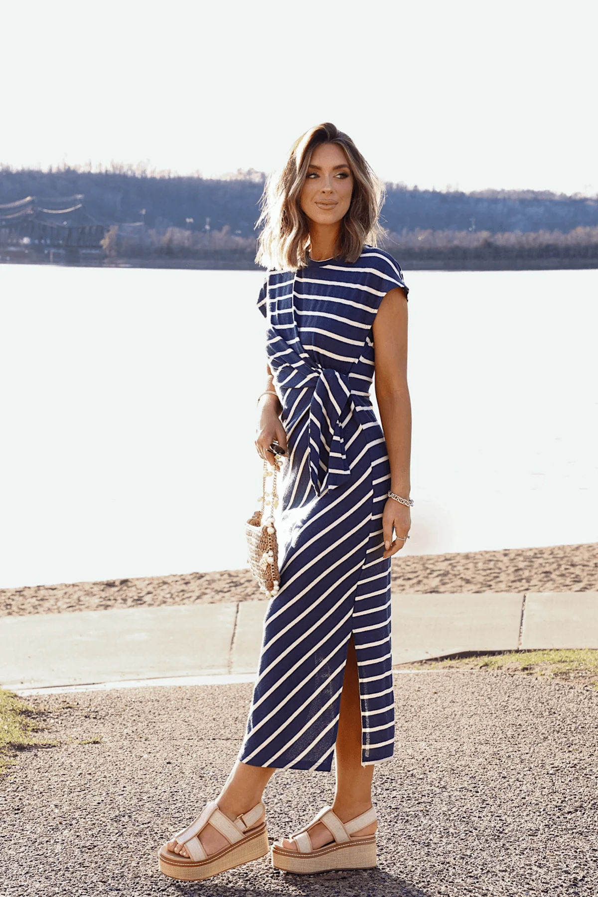 Marina Mornings Navy Striped Midi Tie Dress - FINAL SALE - Image 3