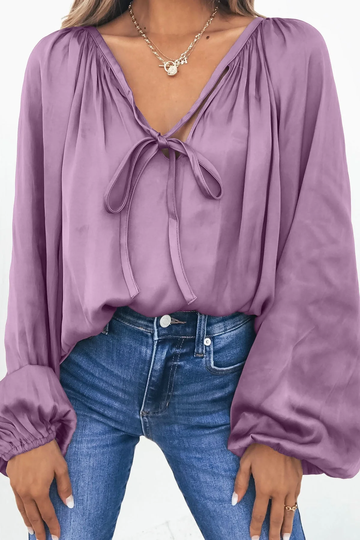 Light Mauve Satin V Neck Blouse - Image 3