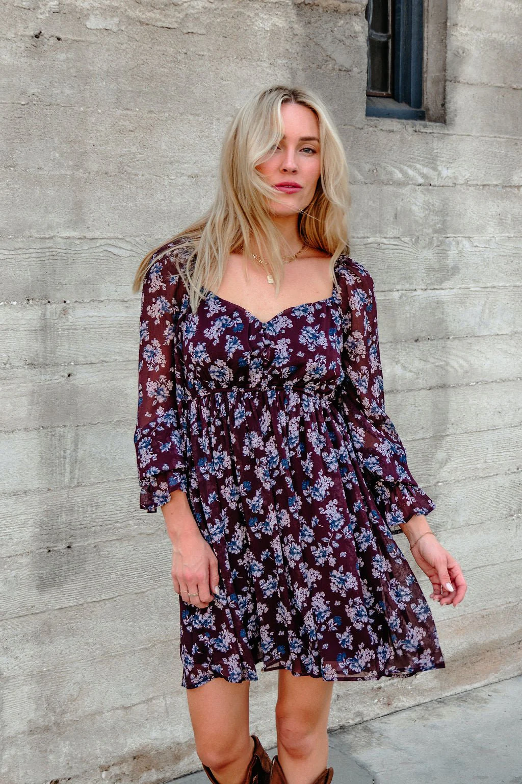 Merlot Floral Chiffon Babydoll Mini Dress - FINAL SALE - Image 4