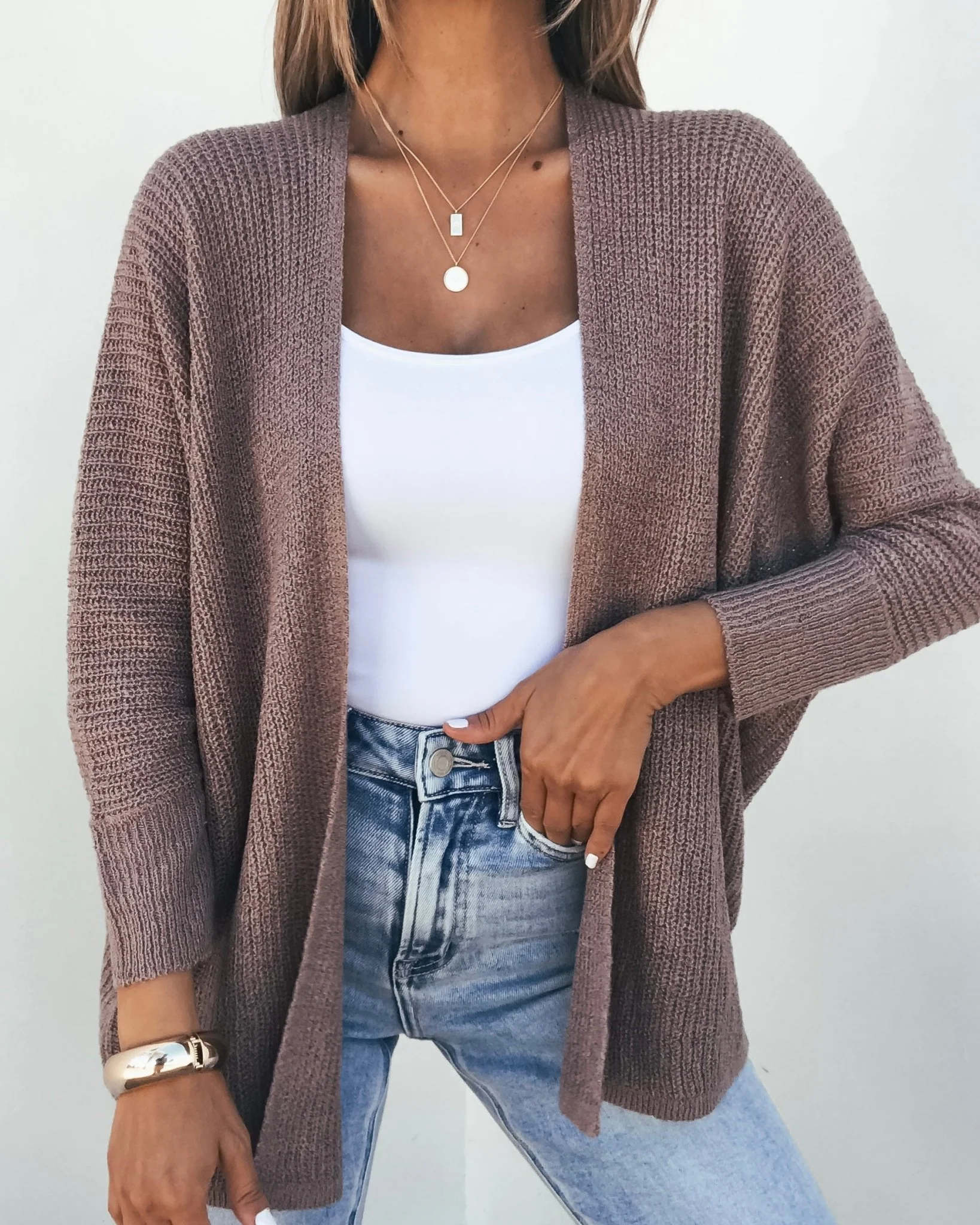Mocha Dolman Sleeve Open Front Cardigan - Image 3