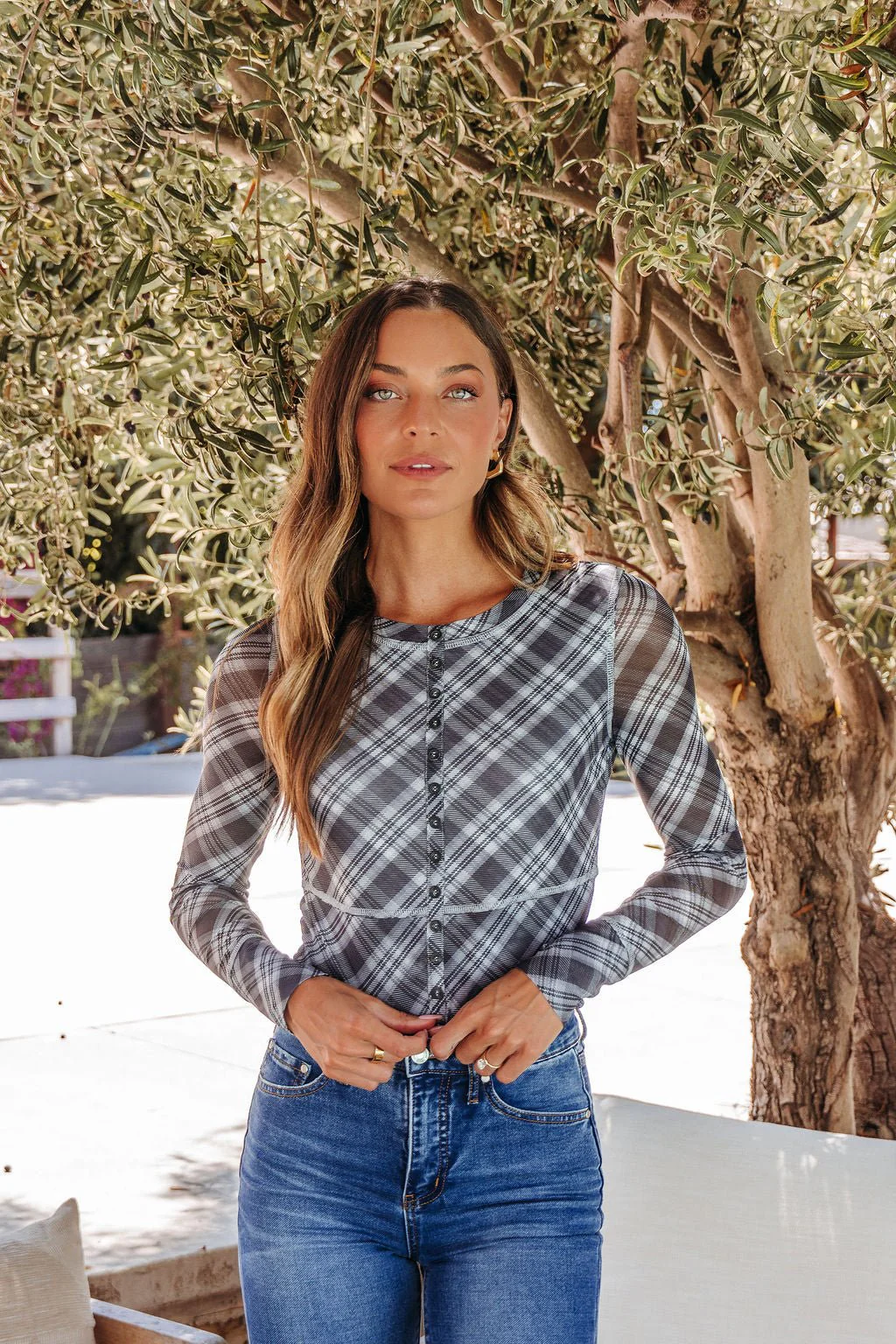 Multi Grey Plaid Mesh Top - FINAL SALE