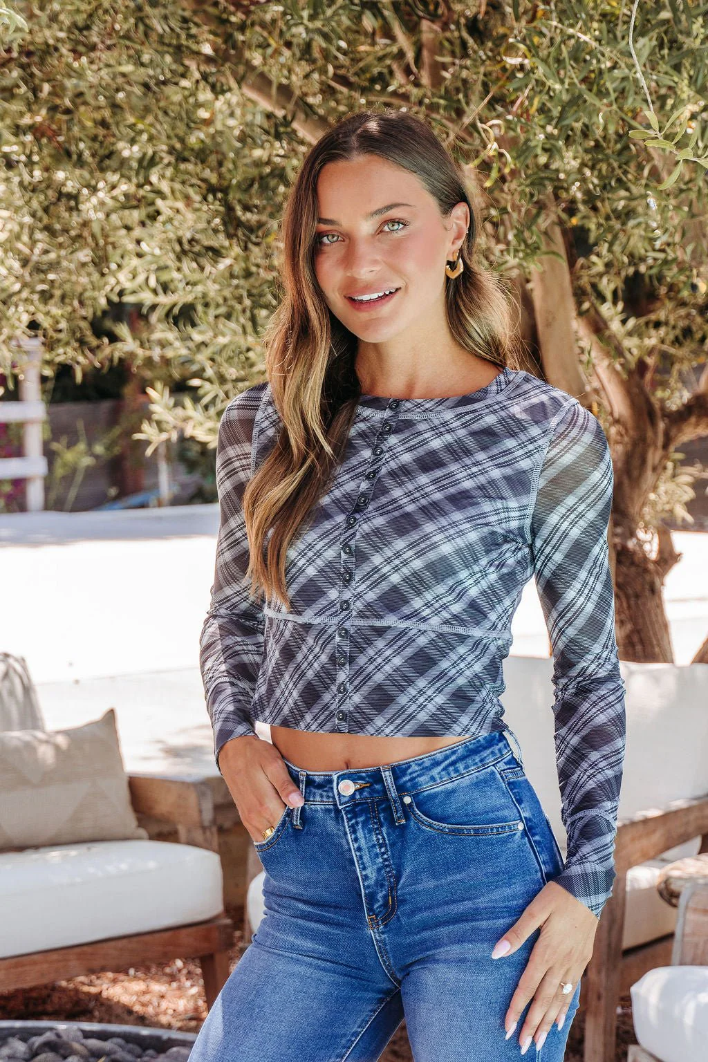 Multi Grey Plaid Mesh Top - FINAL SALE - Image 5