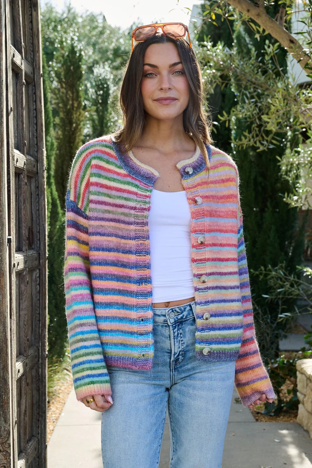 Multi Striped Button Down Sweater Cardigan - Image 3