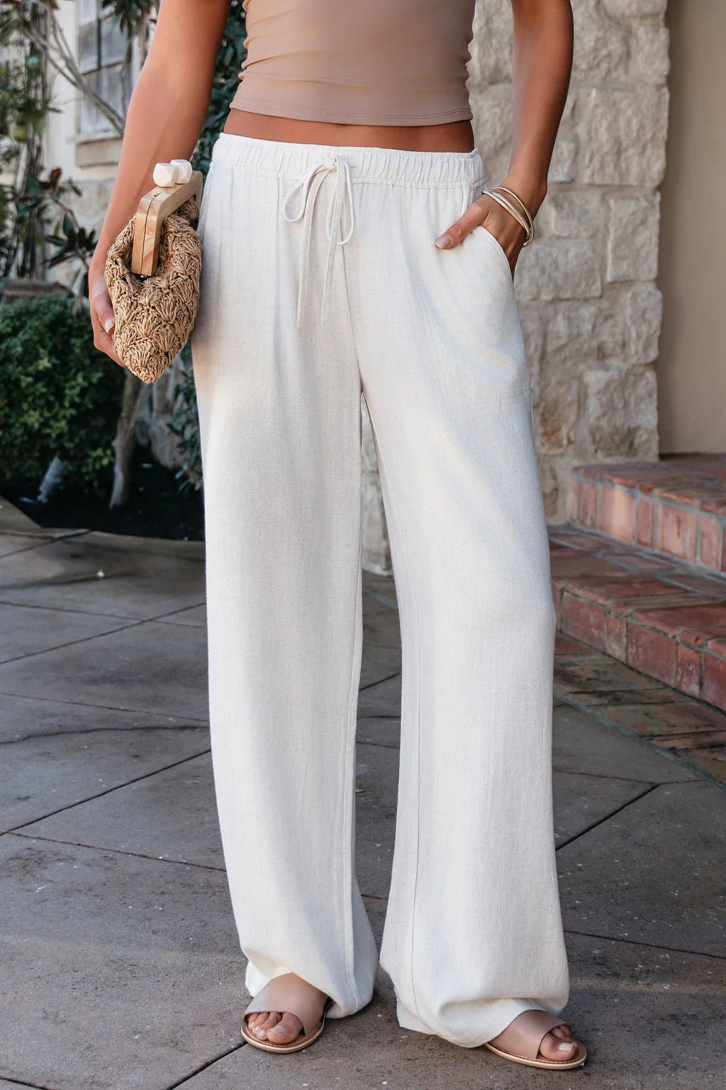 Natural Drawstring Wide Leg Linen Pants - Image 2