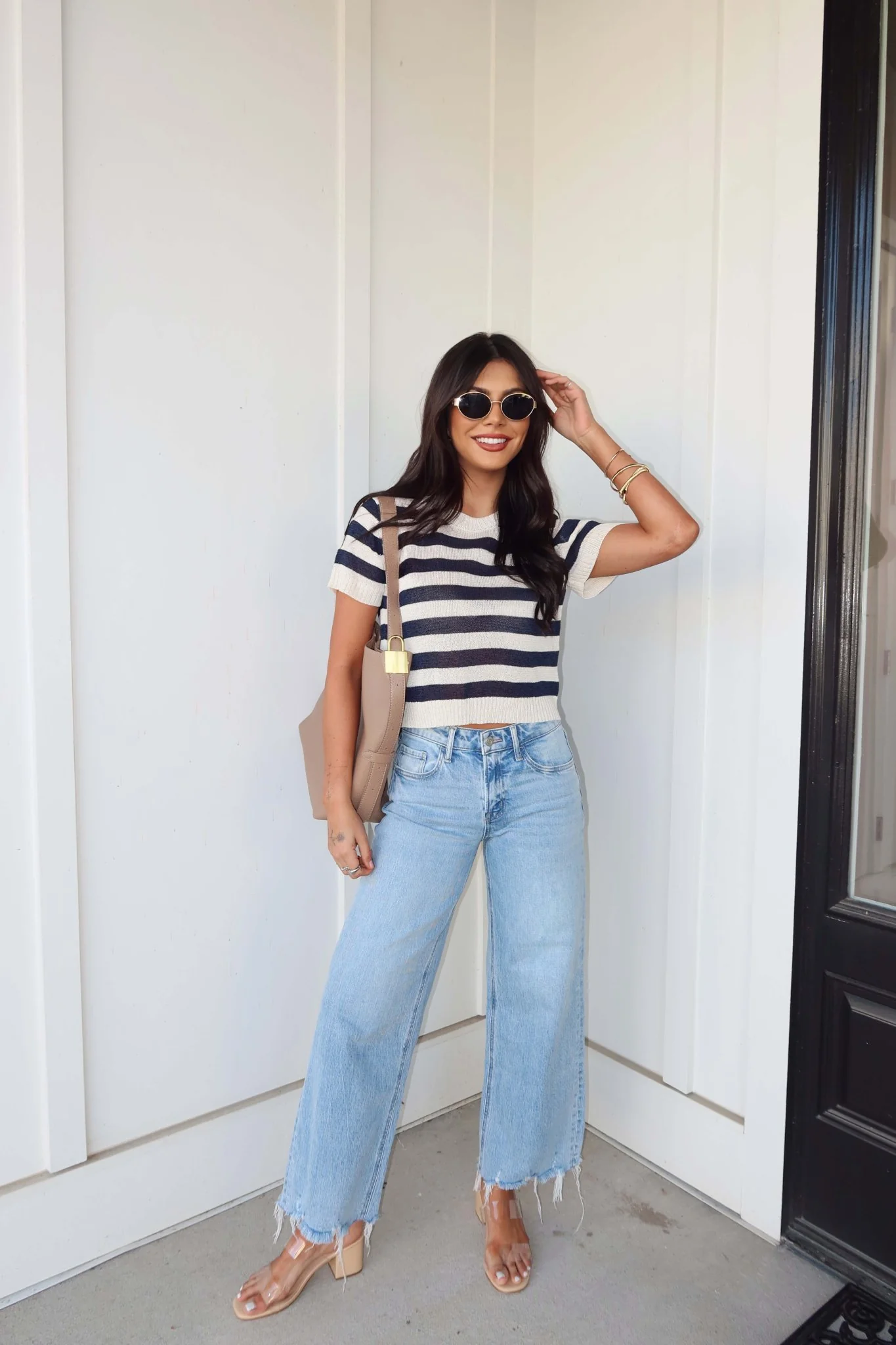 Navy and Cream Striped Short Sleeve Sweater